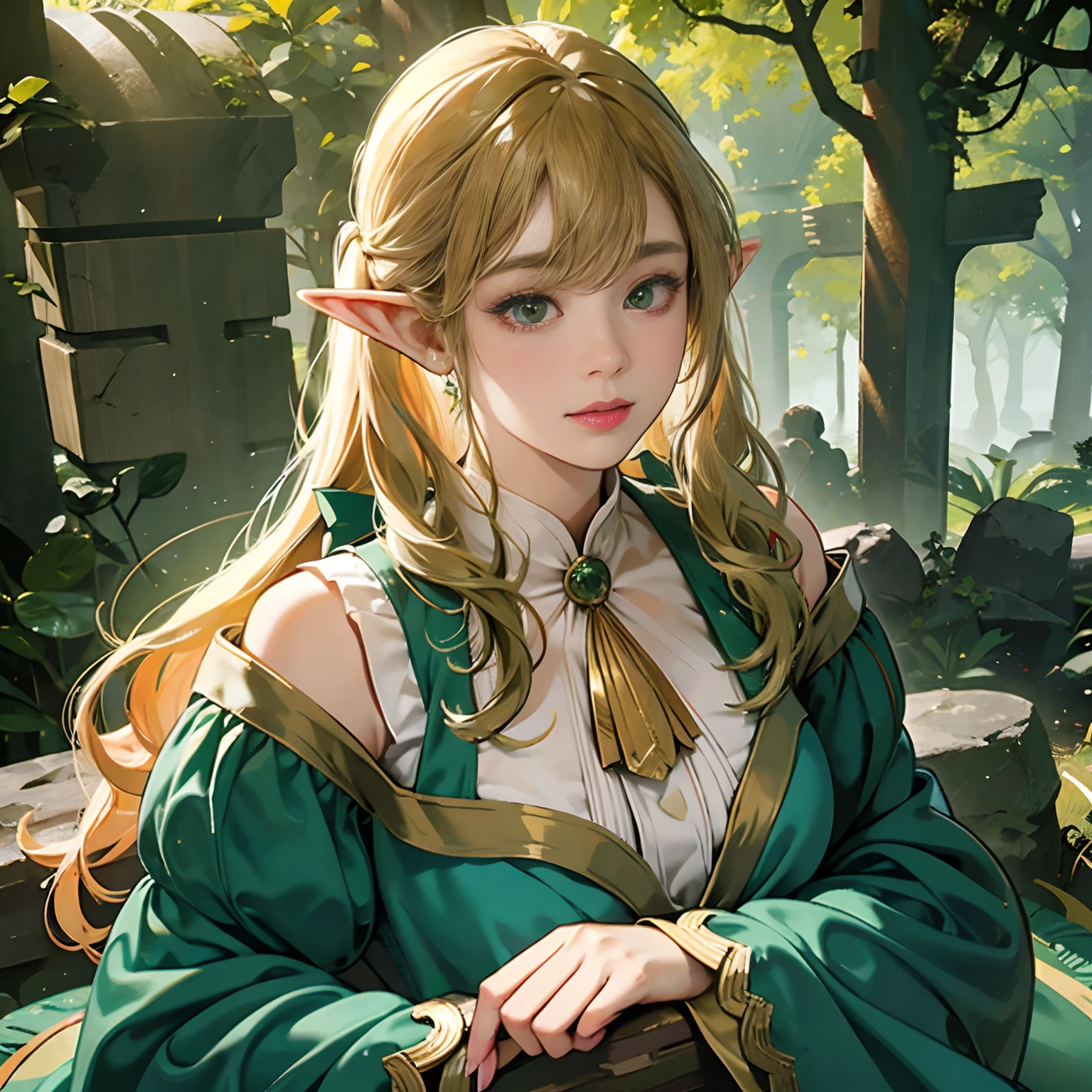 Women in Their 20s, offcial art, unity 8k wall paper, ultra-detailliert, beautifly、Aesthetic, masterpiece, top-quality, Photorealsitic, Female Elf、Dark green eyes、Long Blonde Hair、poneyTail、Pointed ears、Dark green costume、Light green blouse、Gold Brooch、golden hair ornaments、Big magic wand:2.0、Big bag、depth of fields, Fantastic atmosphere, Calm palette, tranquil mood, Soft shading、Ruins in the forest、Ruins covered with vegetation、Crumbling stone statue、Green Tree々、Beautiful Landscapes、bbw、very large breast、plump figure、A flock of squirrels、Red Rose、The Magic of the Wind