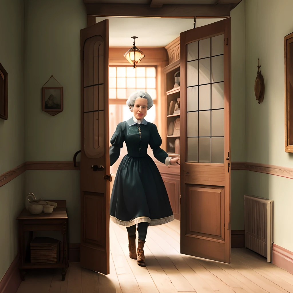 The antique woman stepped through the door