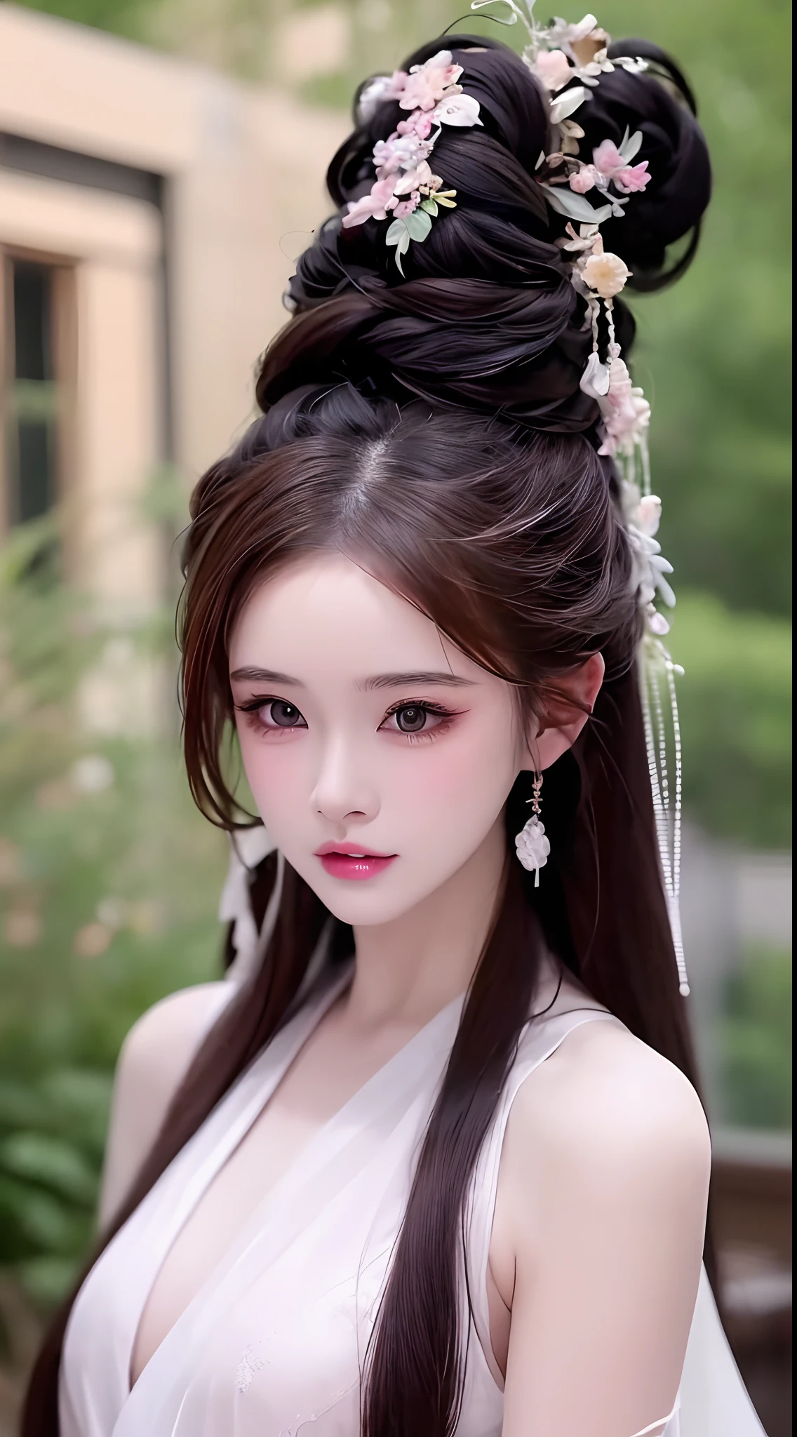 1 realistically beautiful girl, waist length hair, black eyes, ancient Ao Dai, style hanfu, wearing a thin silk shirt of ancient China, pink and smooth white skin, wearing a discreet ancient style ao dai, appears shoulders and head in the photo, Very cute little face, eye bags under wet and detailed makeup, plump red lips, charming small and curved lips, ((closed mouth:1.0)), balanced incisors, embarrassed, small face makeup detailed and very beautifull, The breasts are super round and tight, breast augmentation, blum boobs, Cover the girl's chest with a camisole inside, blush, from front, wear earrings, necklaces, from above, looking at viewer, upturned eyes, full body, masterpiece, top quality, best quality, official art, unity 8k wallpaper, highres, ultra high res, ultra detailed, (photorealistic:1.2), alone, solo, only 1 girl, style hanfu Dunhuang, 10x pixels, super realistic, ultra high quality, portrait body view of the girl, upper body,