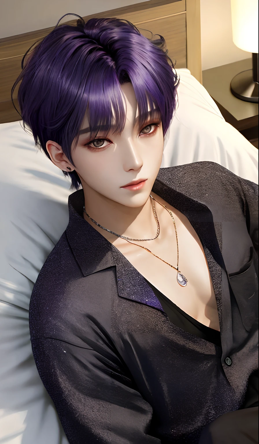 Summer Night Room, Shooting on a futon, Professional Photos, Angle from above, Lie on your back, At Fed Man with Necklace, inspired by Sim Sa-jeong, androgynous vampire, :9 detailed face: 8, extra detailed face, detailed punk hair, ((Gray)) baggy eyes, Seductive. Highly detailed, semi realistic anime, Vampires, hyperrealistic , delicate androgynous prince, imvu, Bright purple hair, Gray eyes, Pure black pajamas without marks, Hiding both eyes with bangs, I can't see both eyes with bangs, Long bangs, short hair above the ears, Glaring expression, Wild look, sleepy expression, looking distantly, As if you are talking to your audience, high-level image quality, masterpiece, The lights are dim,