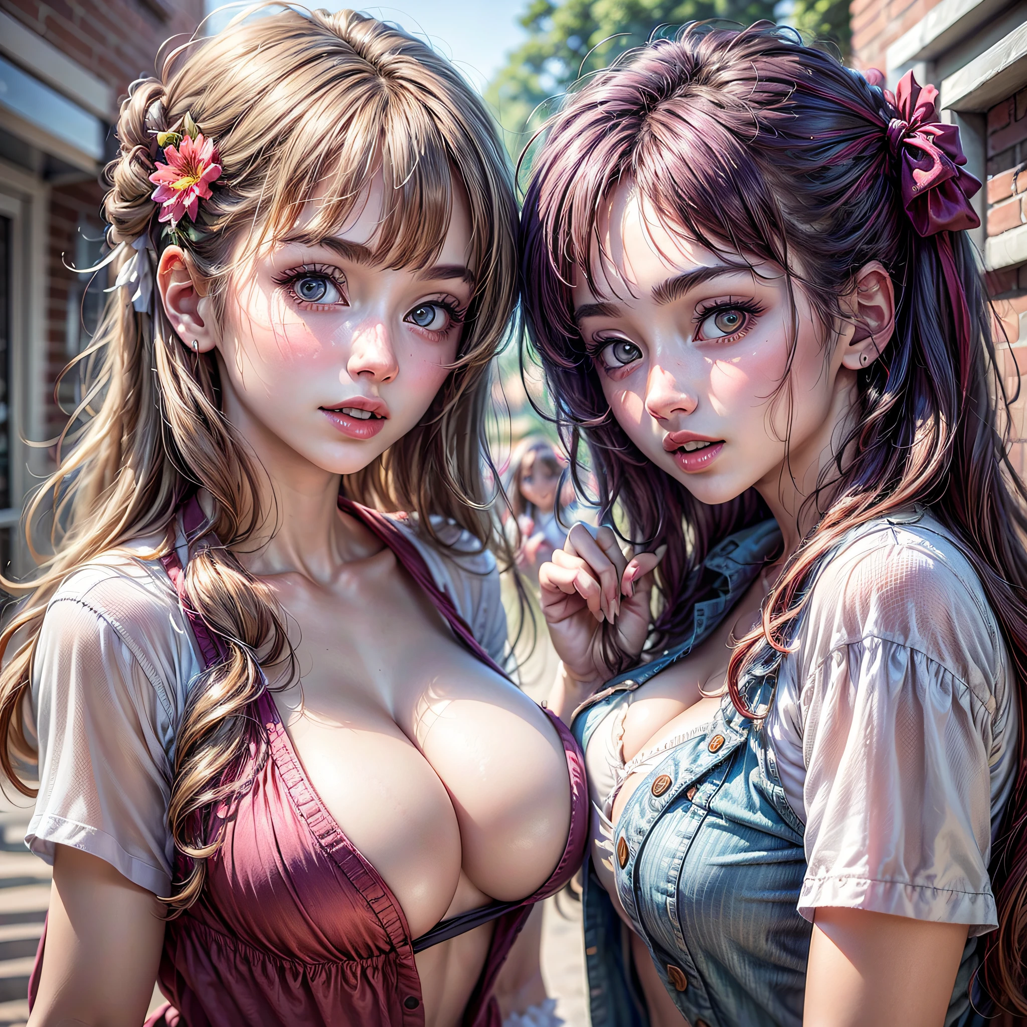 (2 young girls:1.3), Super beautiful detailed face, Staring at me, Open mouth slightly, shyly smile, Multiple girls, Raw photo, (Best Quality:1.2), masutepiece, 8K, high details, hight resolution, With the highest quality, High-definition raw color photos, professional photograpy, Cinematic Light, (Fine face:1.2), (Beautiful breasts:1.2), (Summer high school uniform with wide open chest:1.3), Beautiful breasts, girl portrait, outside of house, Cinderella's Castle, (View from below),