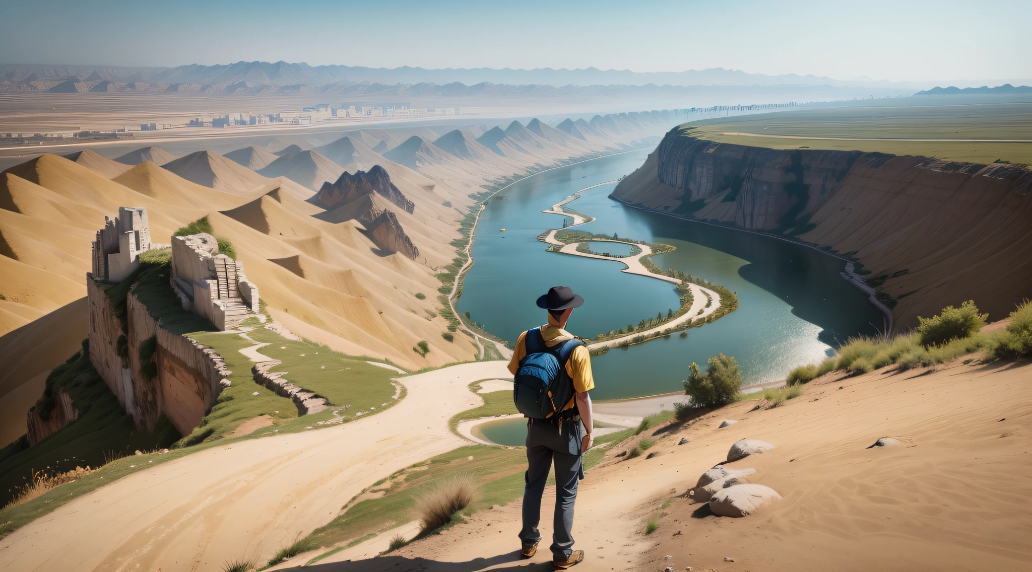 A man stands on the top of a hill，On the left is the Yellow River，On the right is the blue river