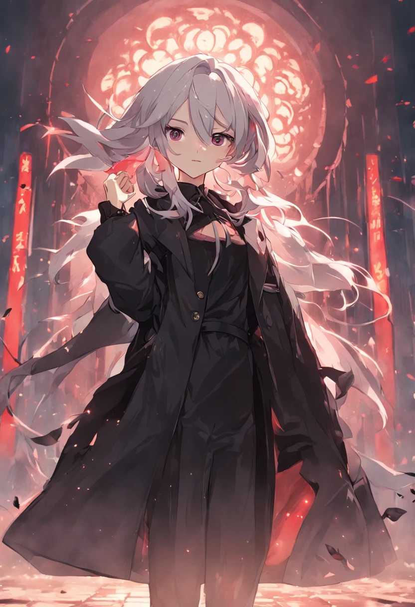 1girll,White color hair,Wear a black flower on your head,Wearing a black gauze tights,Wear a black wristband,Black lace-up heels,Wearing a black military uniform overcoat,The inside of the coat is red,perfectly proportioned, Cinematic lighting, filmgrain, Fuji colors, lightand shade contrast, 8K, 巨作, Textured skin, Super detail, high detal, High quality, A high resolution,