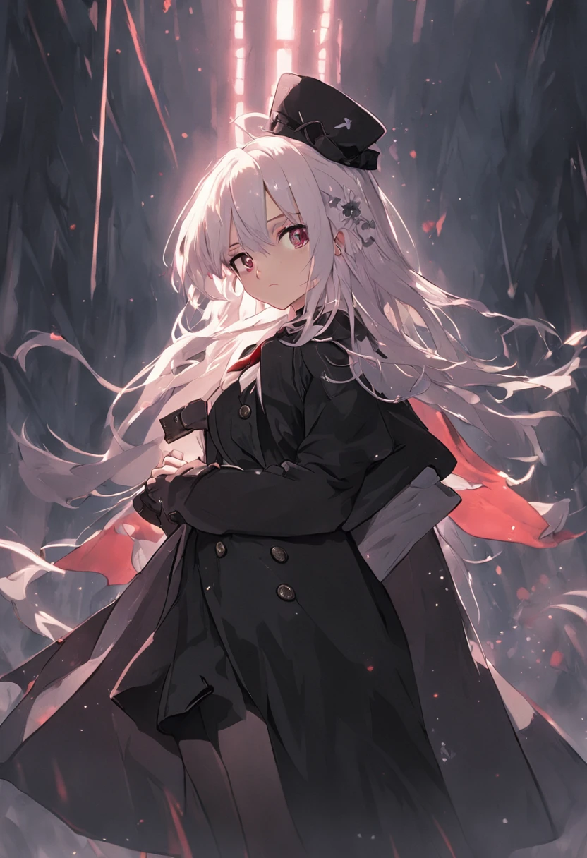 1girll，White color hair，Wear a black flower on your head，Wearing a black gauze tights，Wear a black wristband，Black lace-up heels，Wearing a black military uniform overcoat，The inside of the coat is red，perfectly proportioned, Cinematic lighting, filmgrain, Fuji colors, lightand shade contrast, 8K, 巨作, Textured skin, Super detail, high detal, High quality, A high resolution,