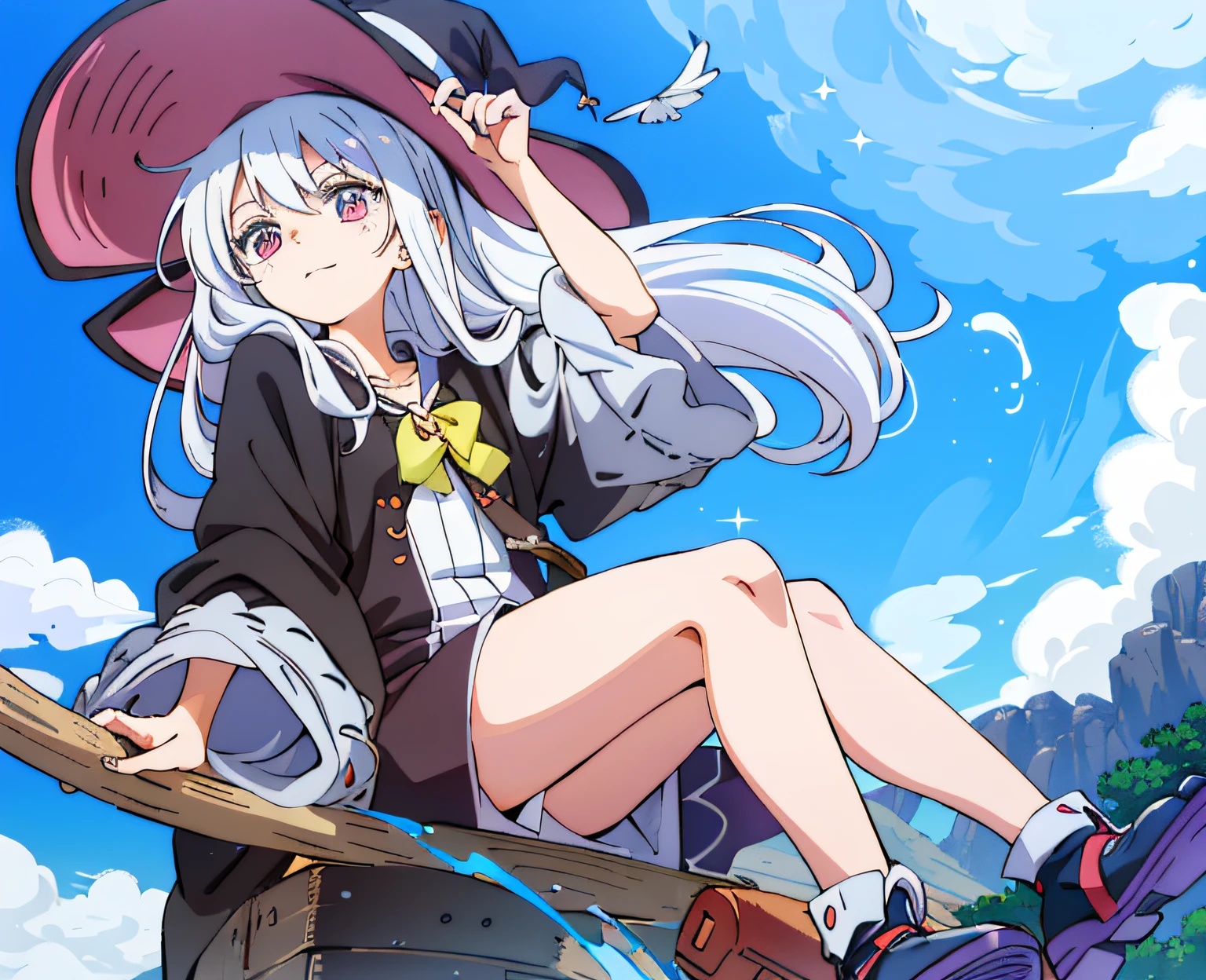 Anime girl sitting on a broom wearing a hat, sky witch, the witch, witch academia, flirty anime witch casting magic, portrait of a young witch girl, zerochan art, bright witch, Official anime artwork, Splash art anime , beautiful wizard, marisa kirisame, anime visual of a cute girl, High Quality Anime Art Style, a young female wizard