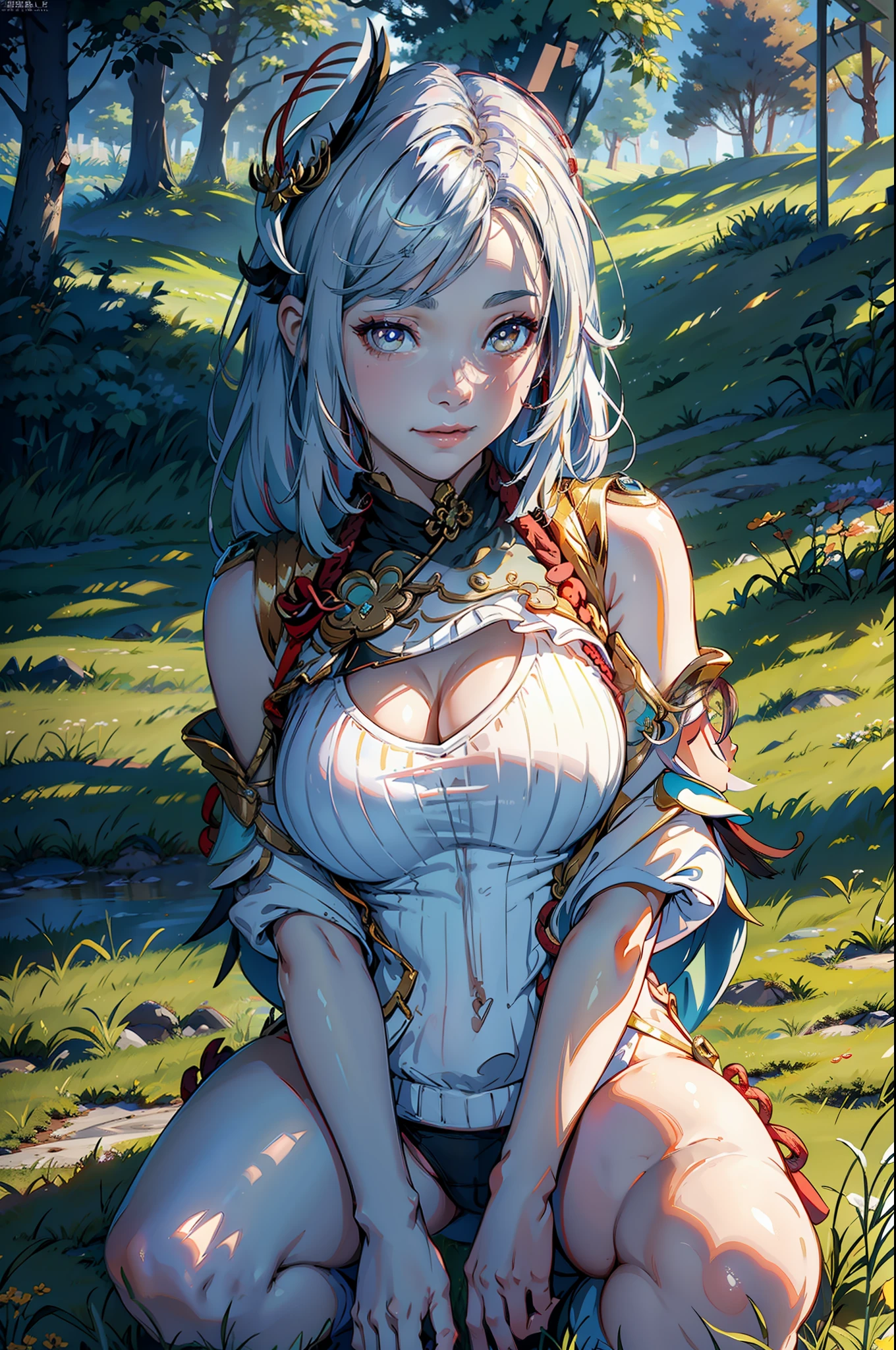 Masterpiece,Best quality,offcial art,Extremely detailed Cg Unity 8K wallpaper,1girll, 超高分辨率, (Photorealistic:1.4),Lower lens, 1girll, perfect hand,delicated,Chest moles,beautifullegs,Absolute realm,White color hair,Sweaters,long sweater,Tight sweater,Cover your hips,cleavage,Bright,grassy fields,(Very small nose,Cancel the nostrils,Cancel the nose),Delicate faces,ssmile,eyeline,Lower perspective