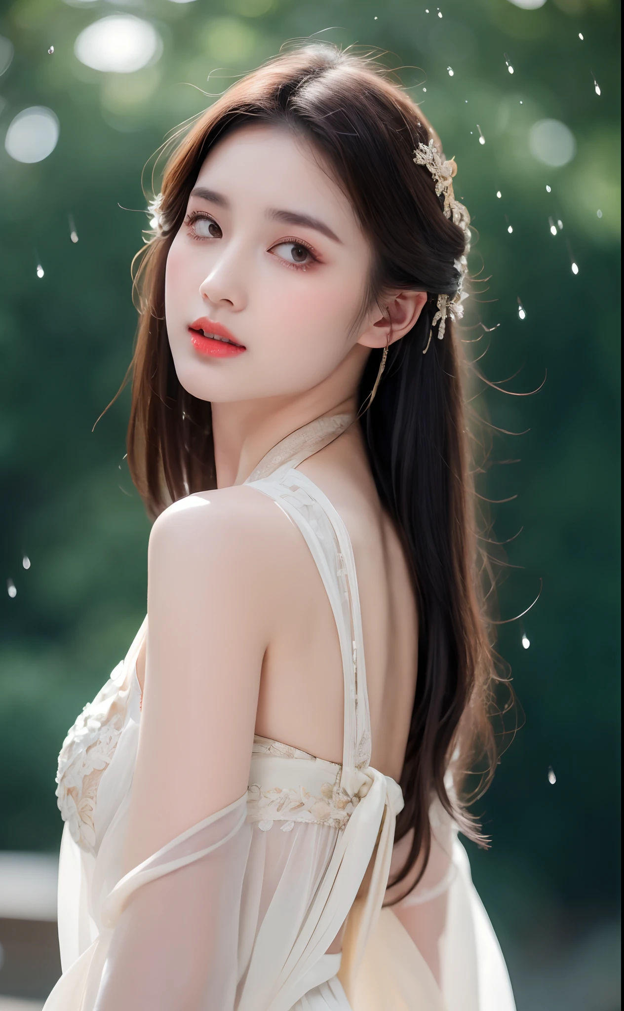 ((Best Quality, 8k, Masterpiece: 1.3)), Focus: 1.2, Perfect Body Beauty: 1.4, Buttocks: 1.2, ((Layered Haircut)), (Wet Clothes: 1.1), (Rain, Street:1.3), (Breasts: 1.2), (Hanfu: 1.2), Bare Shoulders, Bare Legs, Highly Detailed Face and Skin Texture, Fine Eyes, Double Eyelids, Whitened Skin, Long Hair, (Shut Up: 1.5), (Bokeh Background: 1.5), Big Breasts