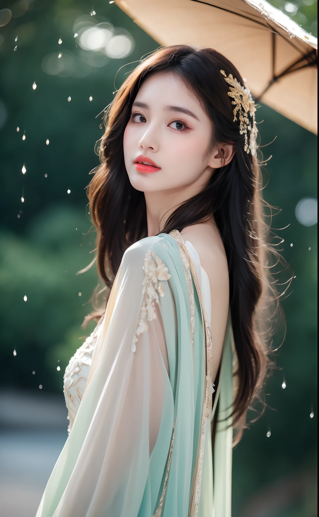 ((Best Quality, 8k, Masterpiece: 1.3)), Focus: 1.2, Perfect Body Beauty: 1.4, Buttocks: 1.2, ((Layered Haircut)), (Wet Clothes: 1.1), (Rain, Street:1.3), (Breasts: 1.2), (Hanfu: 1.2), Bare Shoulders, Bare Legs, Highly Detailed Face and Skin Texture, Fine Eyes, Double Eyelids, Whitened Skin, Long Hair, (Shut Up: 1.5), (Bokeh Background: 1.5), Big Breasts