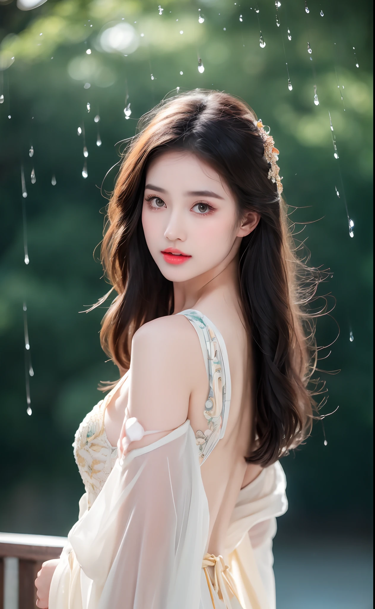 ((Best Quality, 8k, Masterpiece: 1.3)), Focus: 1.2, Perfect Body Beauty: 1.4, Buttocks: 1.2, ((Layered Haircut)), (Wet Clothes: 1.1), (Rain, Street:1.3), (Breasts: 1.2), (Hanfu: 1.2), Bare Shoulders, Bare Legs, Highly Detailed Face and Skin Texture, Fine Eyes, Double Eyelids, Whitened Skin, Long Hair, (Shut Up: 1.5), (Bokeh Background: 1.5), Big Breasts