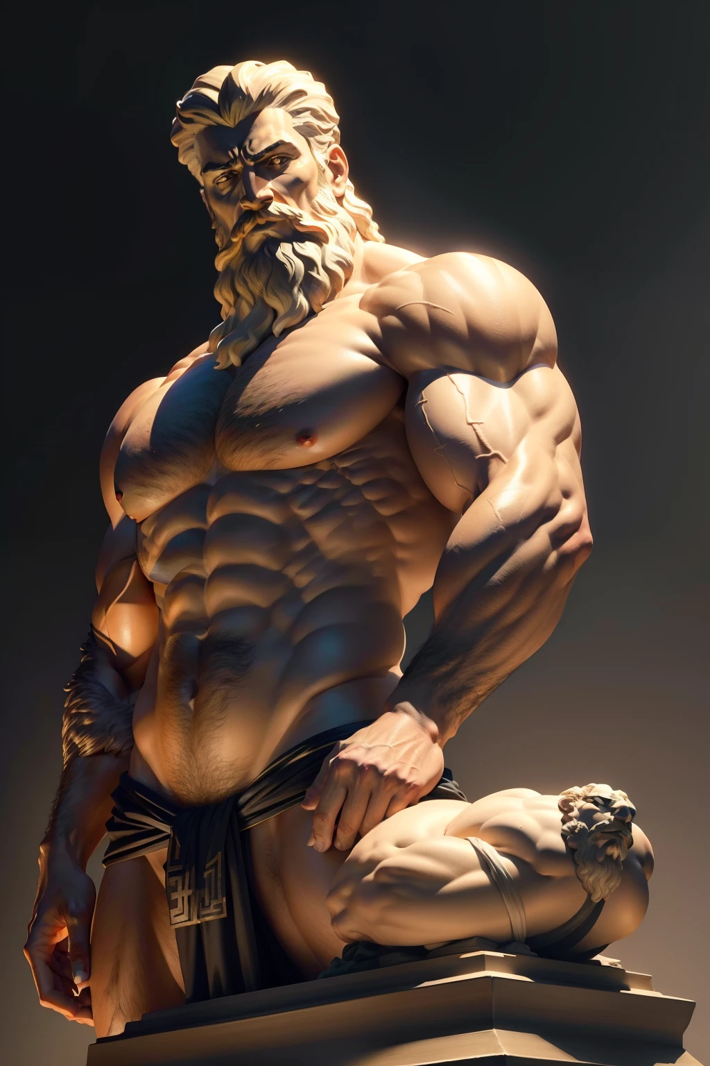 Create a detailed 8K 16:9 image prompt in English of a Stoic-referenced Greek statue depicting a bearded, muscular, bare-chested man with no body hair. The statue should showcase the entire body, with clothing only covering the intimate areas. The statue should exude a sense of realism and be colored in a golden hue. The background of the image should be solid black.