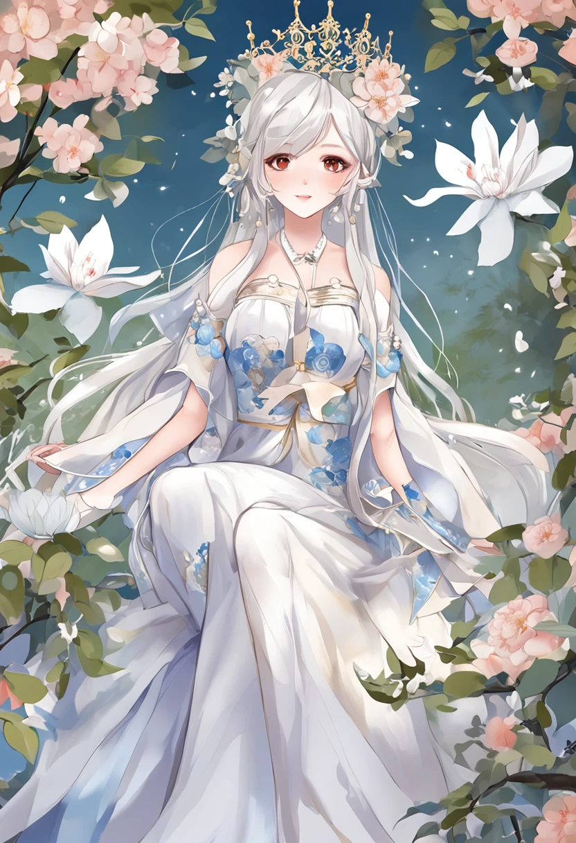 （in a panoramic view，Whole body diagram：1.5），（1 delicate girl playing on the swing），（Vine swing，Anime girl with blue hair and white dress with flower crown，palaces，hanfugirl），（Guviz-style artwork，Guvitz，inspired by Leng Mei，A beautiful fantasy queen，Inspired by Lee Mei Shu，Popular on CGstation，Inspired by Ai Xuan，Blue and white Hanfu，High heels，a beautiful fantasy empress：1.5），（A flowing dress，conservative girl，cloud goddess，Flowing blue and white patterned fabric，wearing flowing dress，Realistic）， (Wind: 1.5)，(full bodyesbian:1.5)，（senior color matching，gradient backgrounds，white backgrounid）