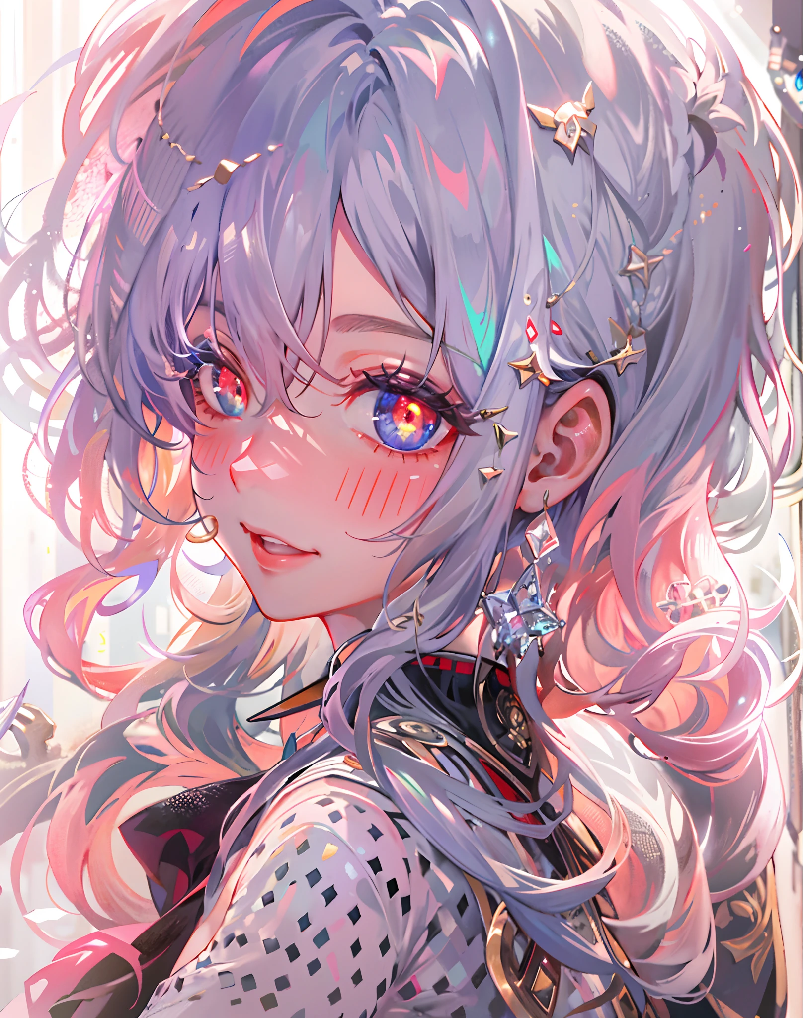 {{Masterpiece}},Best quality at best,Very detailed CG unity 8K wallpaper,Sweet girl,The upper part of the body,Cover your hands,Bigchest,电影灯光,lens flare glow,beatiful detailed eyes,The color hair,Colorful light,particulate,(a color:1.5),(The color hair:1.5),perfect bodies,Perfect face,fashionable attire,clothes see-through,There is light in the eyes,Colored shiny spots,Sharp eyes,Smile sweetly,Blushlush,Beautiful face,perfect bodies