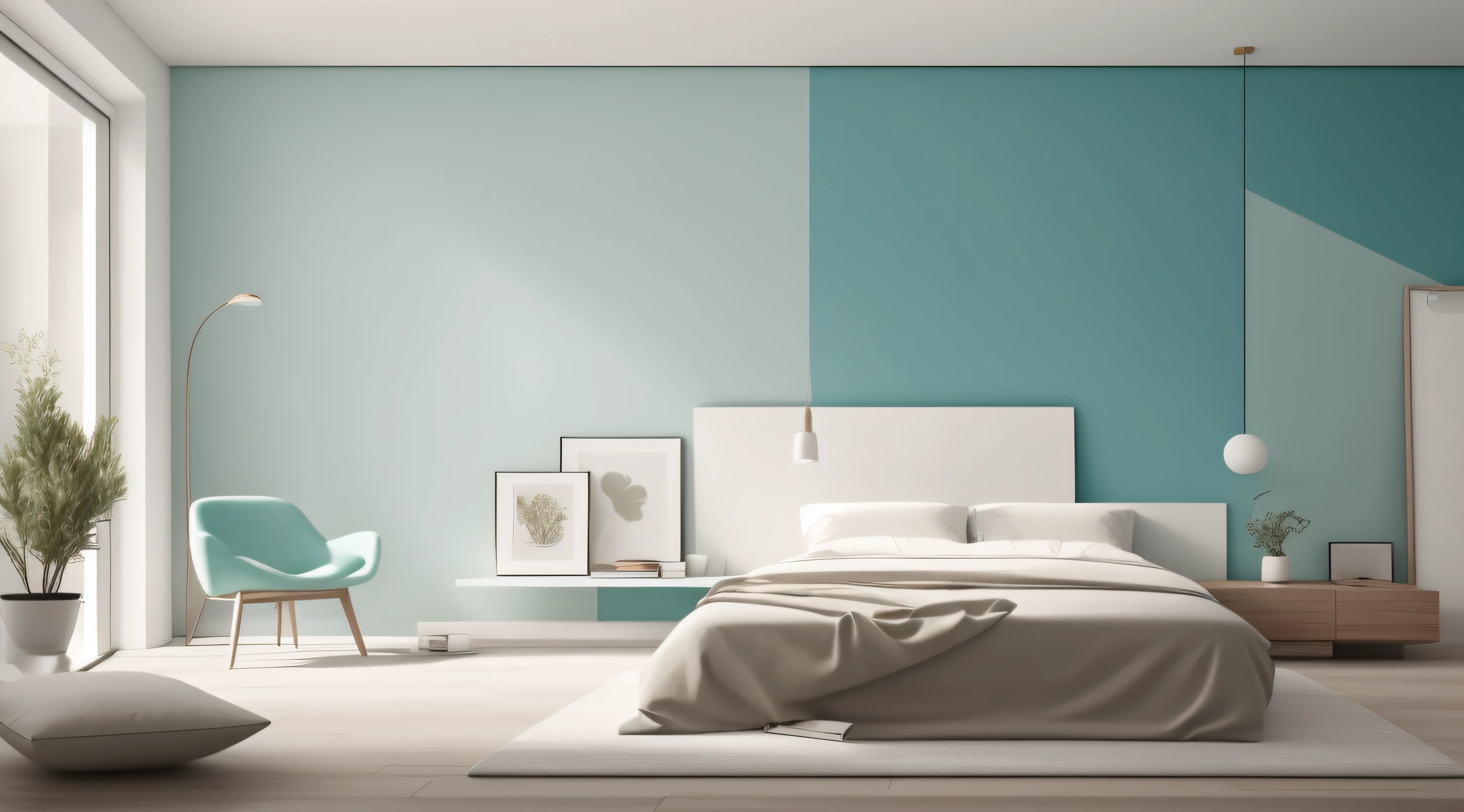 (A minimalist wall with a soothing aqua color)