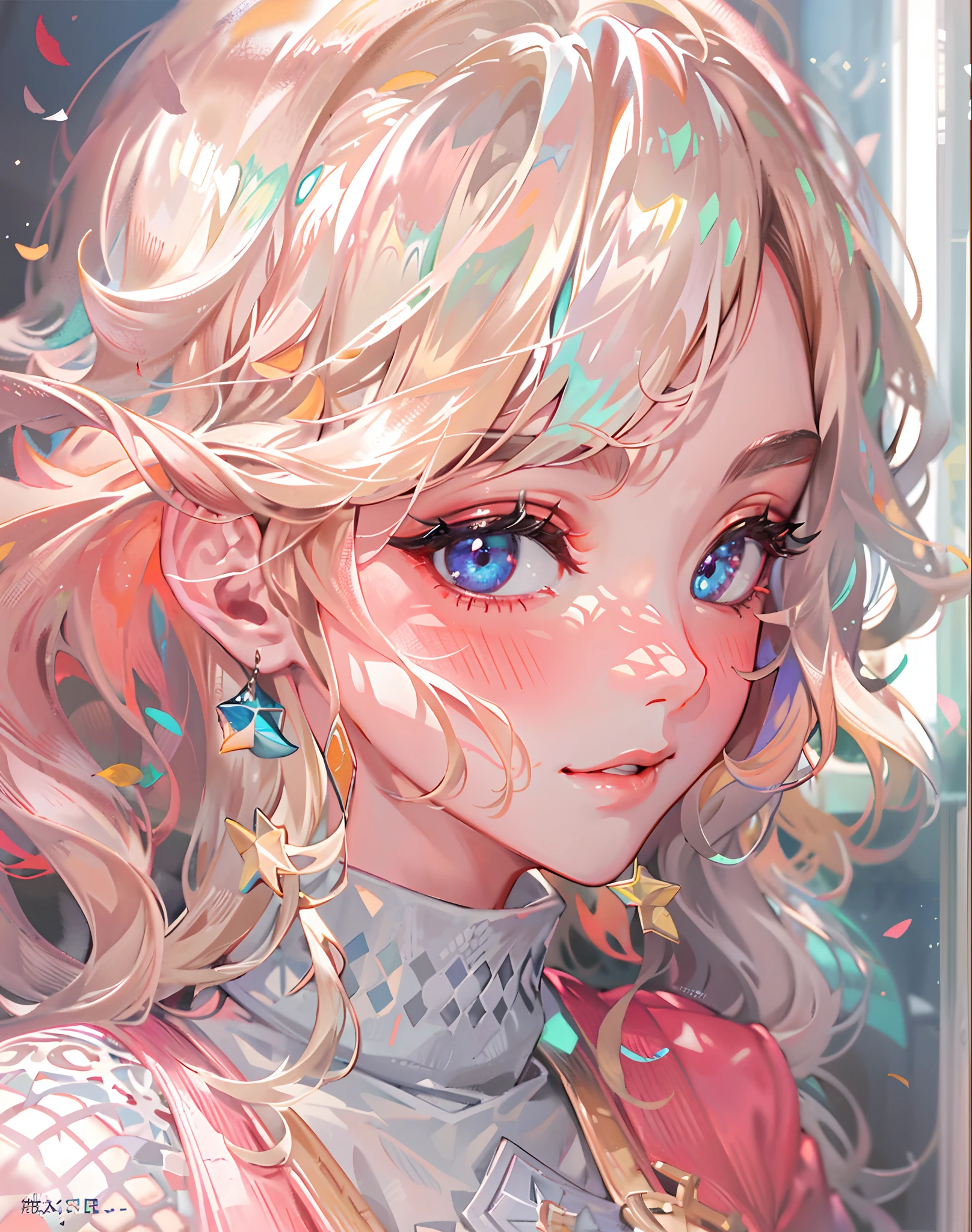 {{Masterpiece}},Best quality at best,Very detailed CG unity 8K wallpaper,Sweet girl,The upper part of the body,Cover your hands,Bigchest,电影灯光,lens flare glow,beatiful detailed eyes,The color hair,Colorful light,particulate,(a color:1.5),(The color hair:1.5),perfect bodies,Perfect face,fashionable attire,clothes see-through,There is light in the eyes,Colored shiny spots,Sharp eyes,Smile sweetly,Blushlush,Beautiful face,perfect bodies