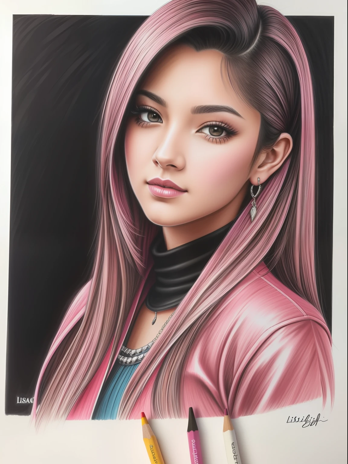 Hidgly detailed pencil color sketch of Lisa Black Pink