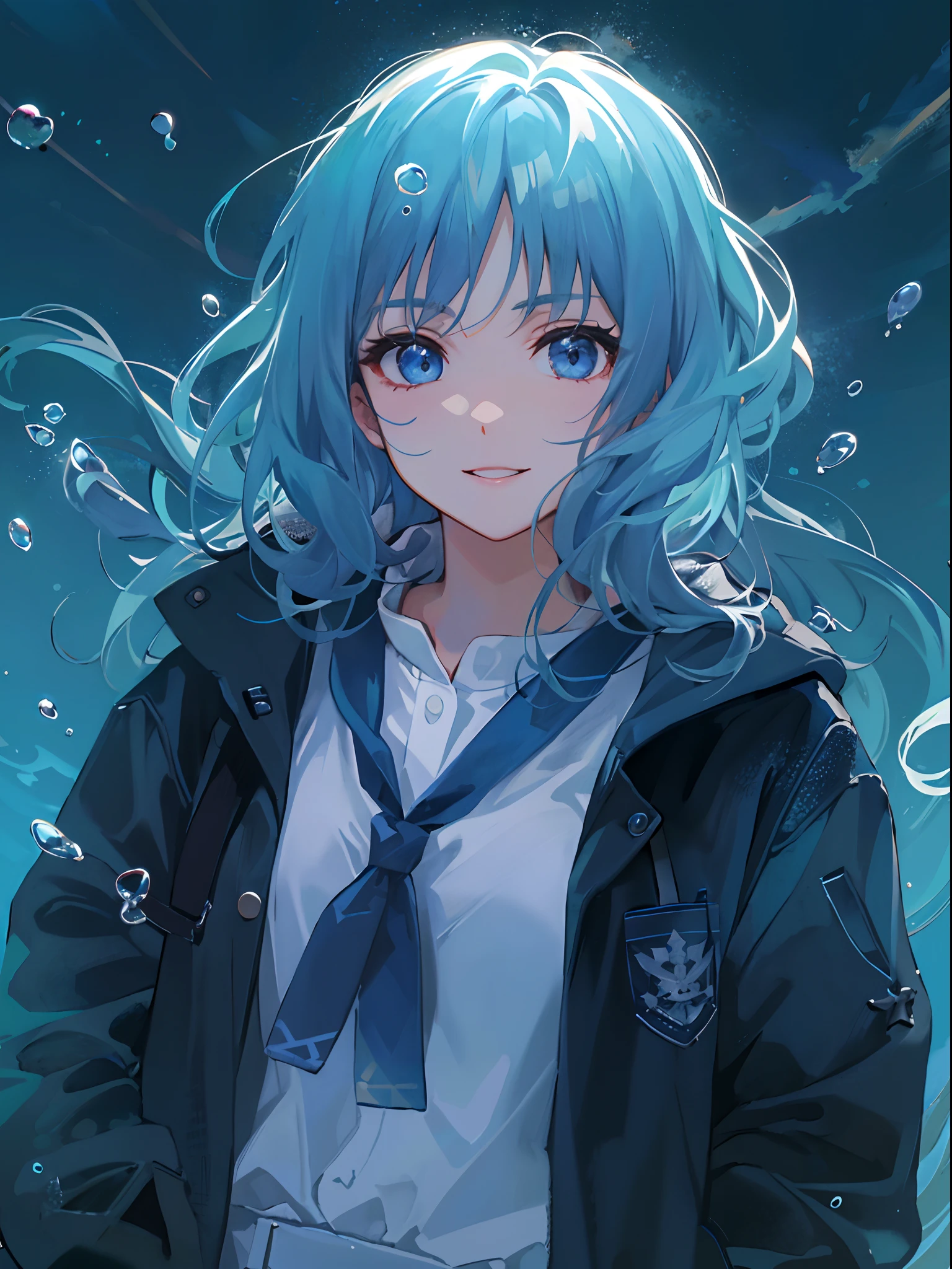 ((top-quality)), ((masterpiece)), ((ultra-detailliert)), (extremely delicate and beautiful), girl with, 独奏, cold attitude,((Black jacket)),She is very(relax)with the(Settled down)Looks,A dark-haired, depth of fields,evil smile,Bubble, under the water, Air bubble,bright light blue eyes,Inner color with light blue hair and dark blue tips,Cold background,Bob Hair - Linear Art, shortpants、knee high socks、White uniform like school uniform、Light blue ribbon ties、Clothes are sheer、Hands in pockets