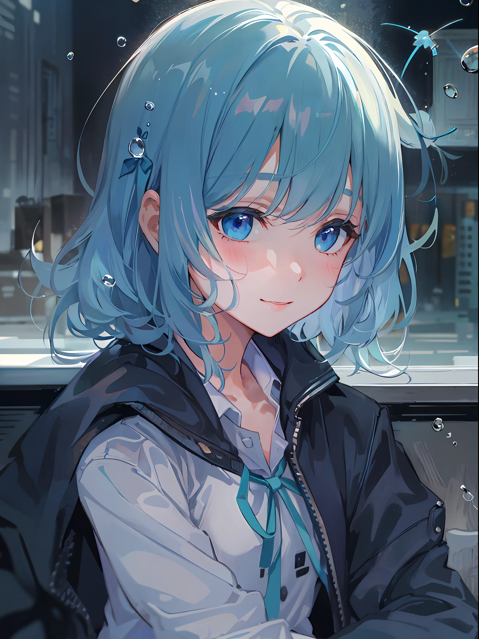 ((top-quality)), ((masterpiece)), ((ultra-detailliert)), (extremely delicate and beautiful), girl with, 独奏, cold attitude,((Black jacket)),She is very(relax)with the(Settled down)Looks,A dark-haired, depth of fields,evil smile,Bubble, under the water, Air bubble,bright light blue eyes,Inner color with light blue hair and dark blue tips,Cold background,Bob Hair - Linear Art, shortpants、knee high socks、White uniform like school uniform、Light blue ribbon ties、Clothes are sheer、Hands in pockets