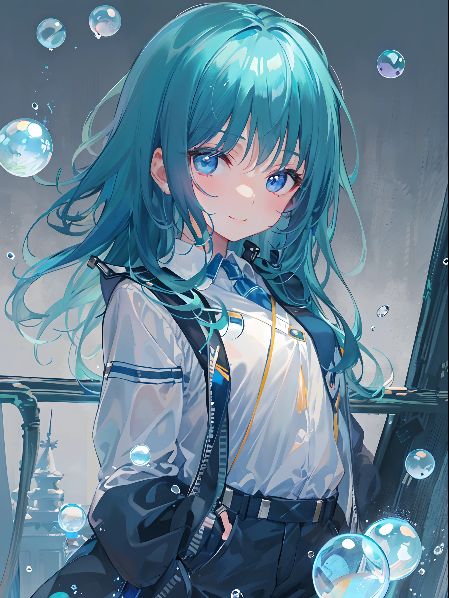 ((top-quality)), ((masterpiece)), ((ultra-detailliert)), (extremely delicate and beautiful), girl with, 独奏, cold attitude,((Black jacket)),She is very(relax)with the(Settled down)Looks,A dark-haired, depth of fields,evil smile,Bubble, under the water, Air bubble,bright light blue eyes,Inner color with light blue hair and dark blue tips,Cold background,Bob Hair - Linear Art, shortpants、knee high socks、White uniform like school uniform、Light blue ribbon ties、Clothes are sheer、Hands in pockets