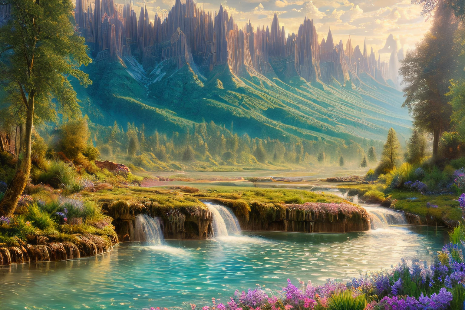 paysage futuriste, Eau, (Highly detailed CG Unit 8k wallpaper), The most beautiful work of art in the world, Professional majestic oil painting, complexe, High detail, mise au point nette, dramatique, Art of photorealist painting,