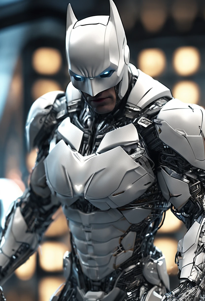 A realistic white batman in a titanium cybernetic suit, detalhado, designe perfeito, alta qualidade arestas perfeitas e simetricas  ::n_desenho de estilo, Low-quality imperfection, boneco, game, anime