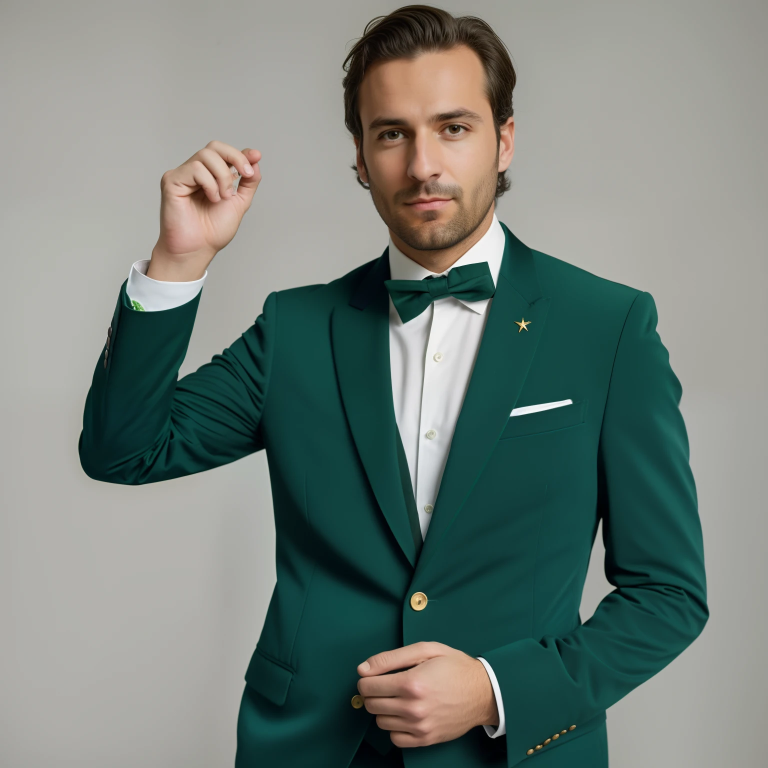 Arafed man in green suit and tie posing for a photo, Porter un costume vert, Green suit and bow tie, Davide Sorrenti placeholder image, inspired by Nils Hamm, Porter une veste verte, Combinaison sarcelle, Marc Newson, by Salomon by Abbot, Lubezki, Portrait promotionnel, Quand Vermehr, Matthieu Benoît, rendu en corona