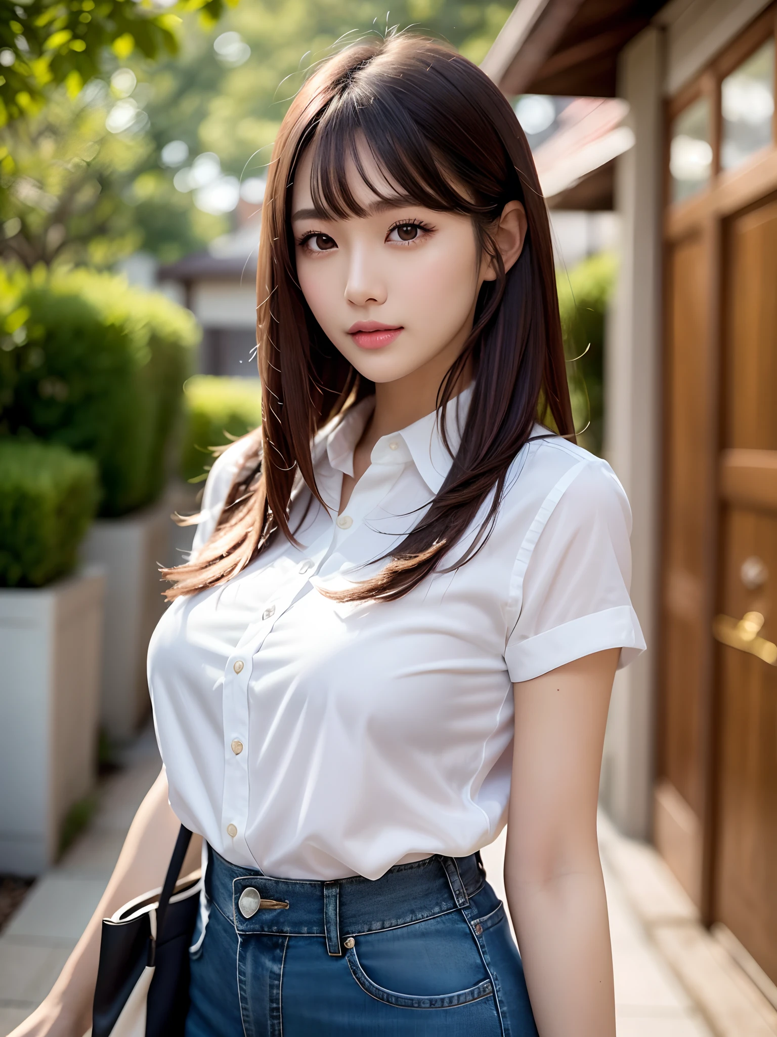 product quality, a cowboy shot, front view, 1girl, a Japanese young pretty woman, wearing a marriage ring, long bob hair, hyper pretty face, glamorous, wearing a short sleeves and long length satin silk white shirt with collared, wearing denim pants, carrying a big tote bag over her shoulder, standing with a big smile in front of a luxury house, glossy lips, double eyelids for both eyes, natural makeup, long eyelashes, shiny smooth light brown hair of long bob hair, asymmetrical bangs, tanned skin, central image, high resolution, high detail, detailed hairstyle, detailed face, spectacular movie lighting, octane rendering, hyper realistic, perfect limbs, perfect anatomy