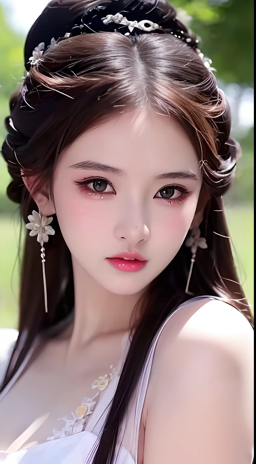 1 realistically beautiful girl, waist length hair, black eyes, ancient Ao Dai, style hanfu, wearing a thin silk shirt of ancient China, pink and smooth white skin, wearing a discreet ancient style ao dai, appears shoulders and head in the photo, Very cute little face, eye bags under wet and detailed makeup, plump red lips, charming small and curved lips, ((closed mouth:1.0)), balanced incisors, embarrassed, small face makeup detailed and very beautifull, The breasts are super round and tight, breast augmentation, blum boobs, Cover the girl's chest with a camisole inside, blush, from front, wear earrings, necklaces, from above, looking at viewer, upturned eyes, full body, masterpiece, top quality, best quality, official art, unity 8k wallpaper, highres, ultra high res, ultra detailed, (photorealistic:1.2), alone, solo, only 1 girl, style hanfu Dunhuang, 10x pixels, super realistic, ultra high quality, portrait body view of the girl, upper body,