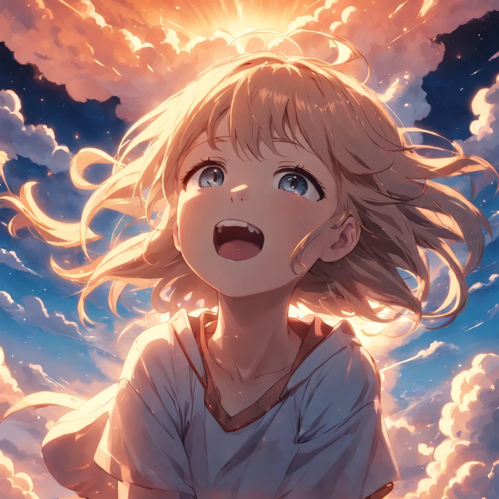 masterpiece, best quality, movie still, 1girl, cloud girl, floating in the sky, close-up, bright, happy, warm soft lighting, sunset, (sparks:0.7)