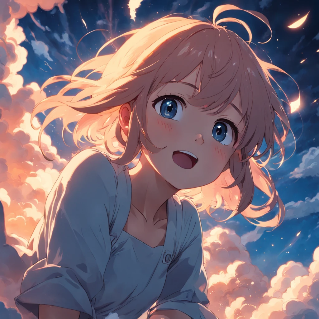 masterpiece, best quality, movie still, 1girl, cloud girl, floating in the sky, close-up, bright, happy, warm soft lighting, sunset, (sparks:0.7)