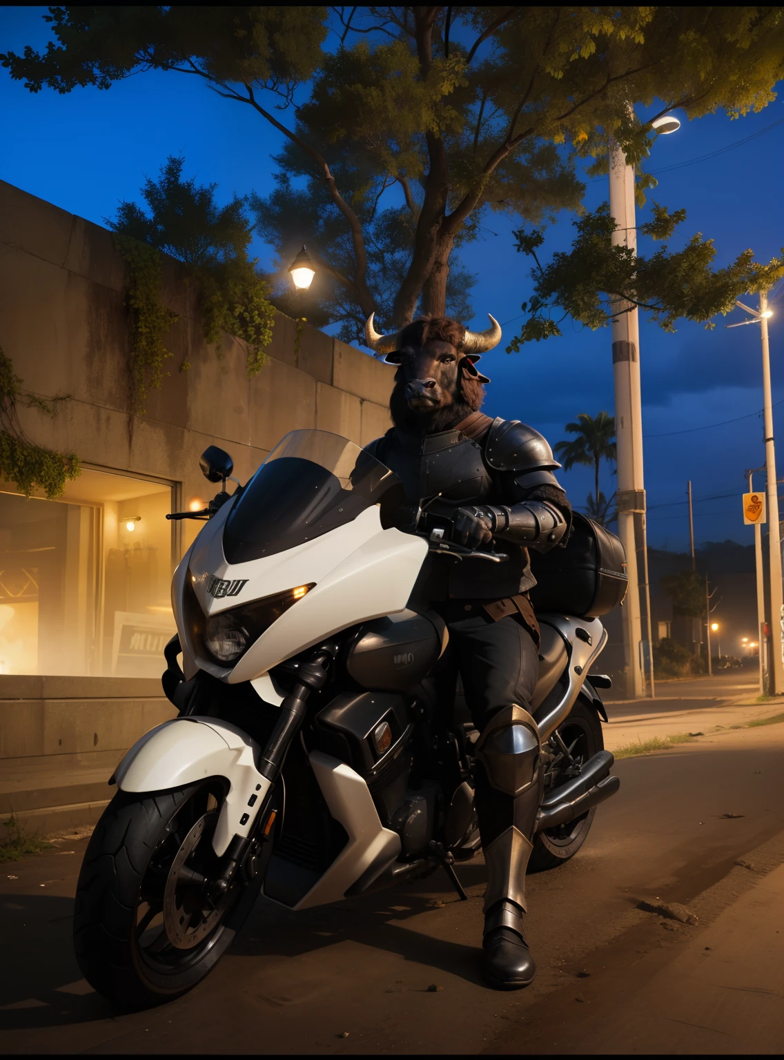A cool minotaur,Black bull head and light armor,Arms and legs with armor on the body,meio humano e meio animal,Dirty appearance,The details are dark,Sitting on a motorcycle,The back corresponds to the gloomy moon