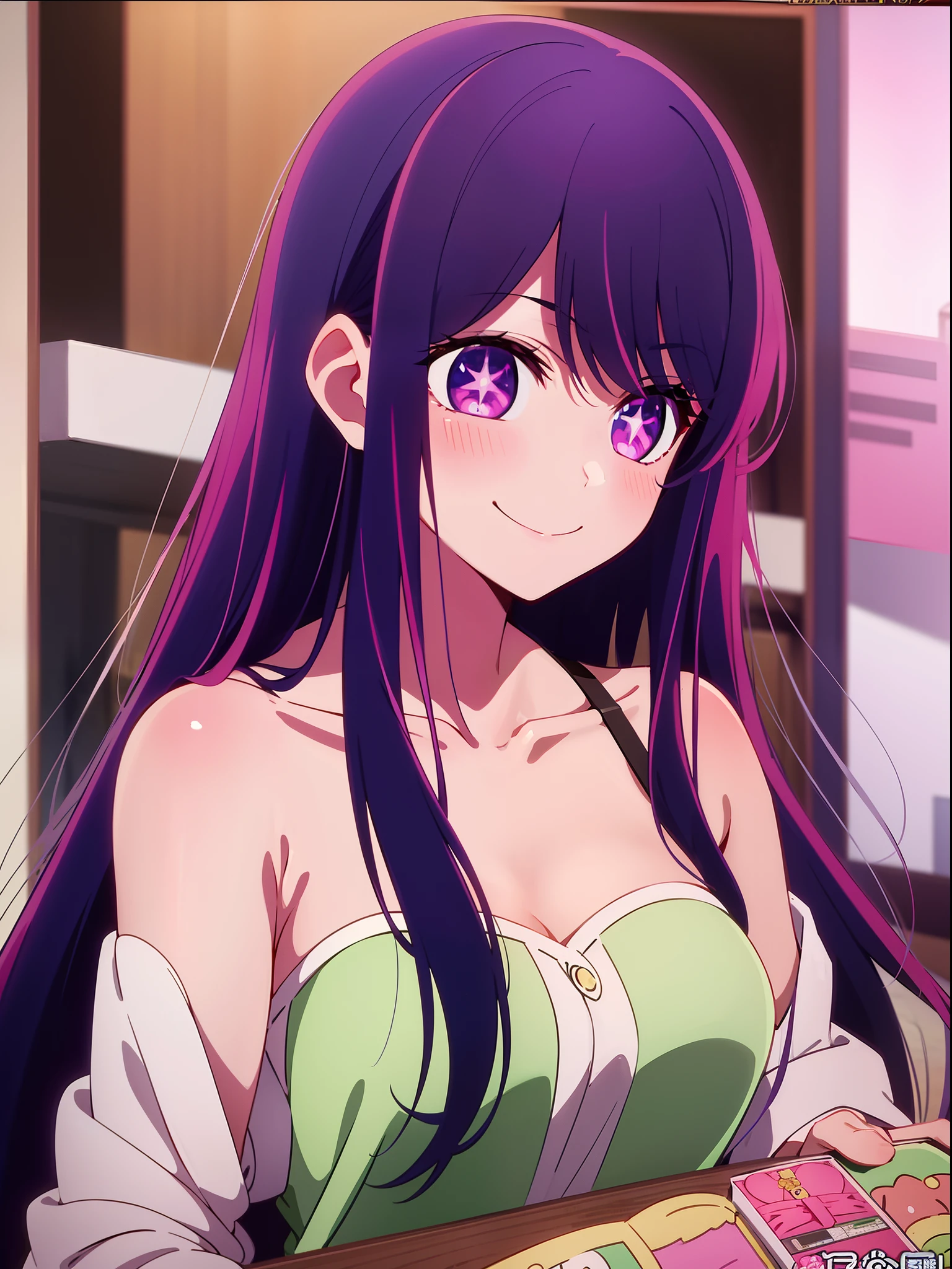 ​masterpiece、(1 girl in:1.2)、purple color  hair、pink  dress、big eye,seducitve smile、Ai Hoshino、 ((nsfw):1.1),cowboy shot,show tits,free the nipple,naked