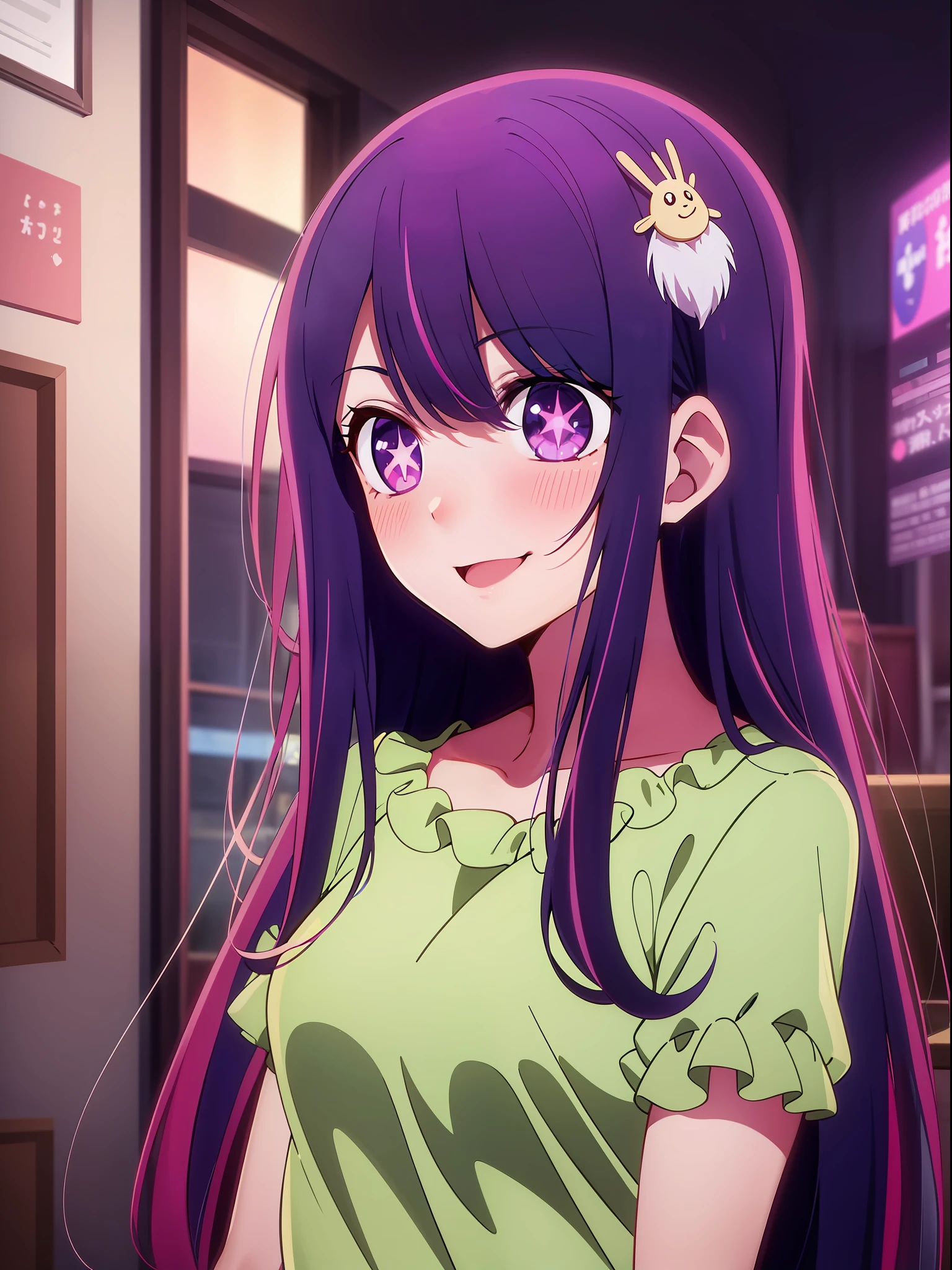 Anime girl with long hair and purple eyes, a picture inspired by Puru, Tumbler, conceptual art, Anime Best Girl, anime moe art style, closeup Iwakura Lain, Anime visuals of cute girls, Anime girl named Lucy, iwakura lain, Still from TV anime, anime still image, (Anime Girl)、Live performance venue、pink dress、A smile、Ai Hoshino、