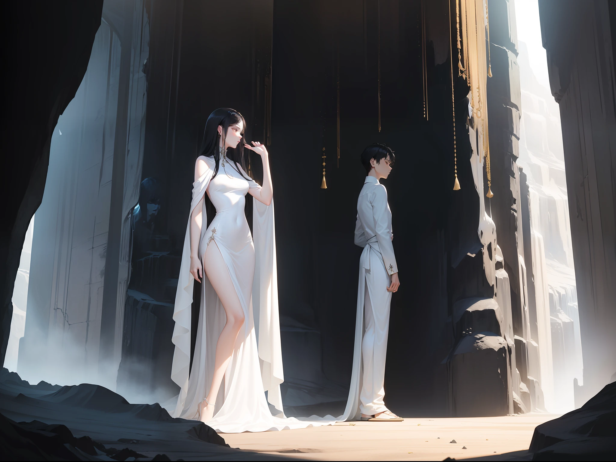 inside a cave,A tall, Slim woman in a long white classical tulle dress,bent down,The woman touched the face of the black-clothed boy standing opposite,The boy in black looked up at the tall woman。中景 the scene is。