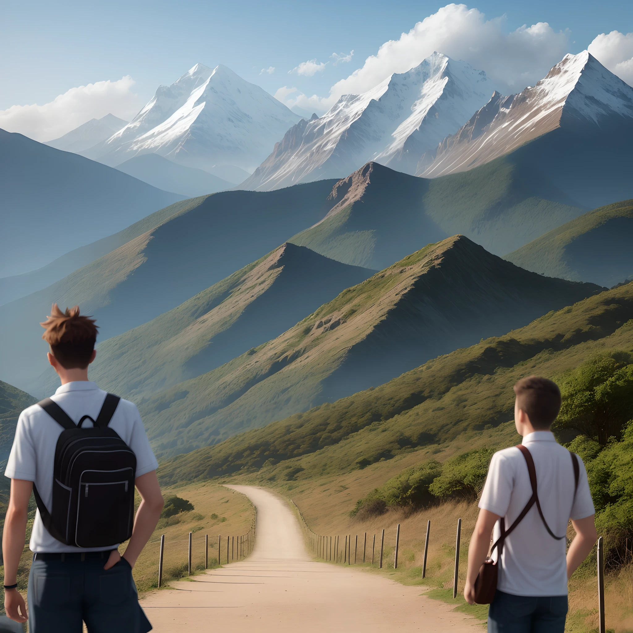 A serious male classmate，In the distance is the big mountain