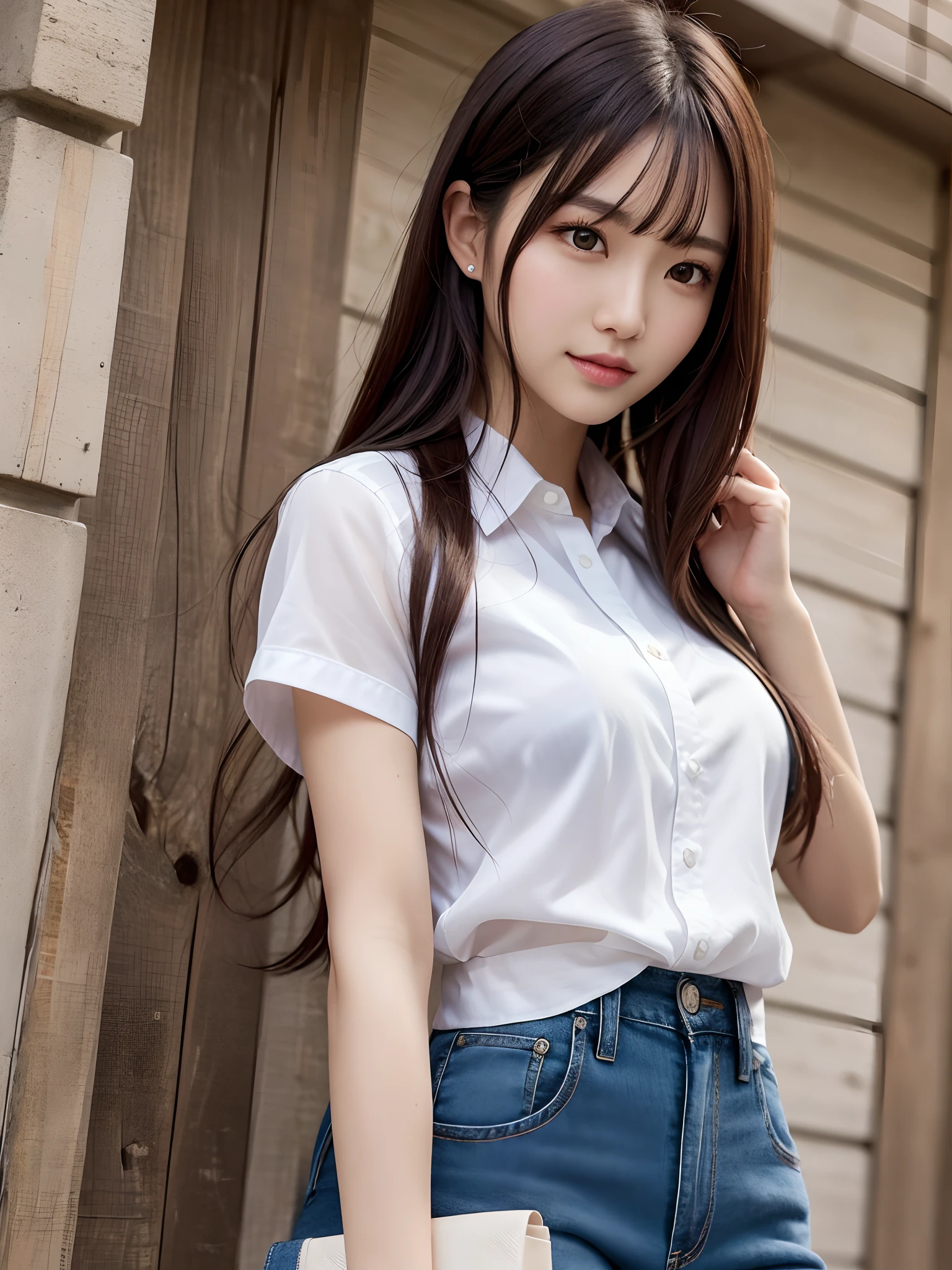 A close up of a woman in a white shirt and blue jeans - SeaArt AI