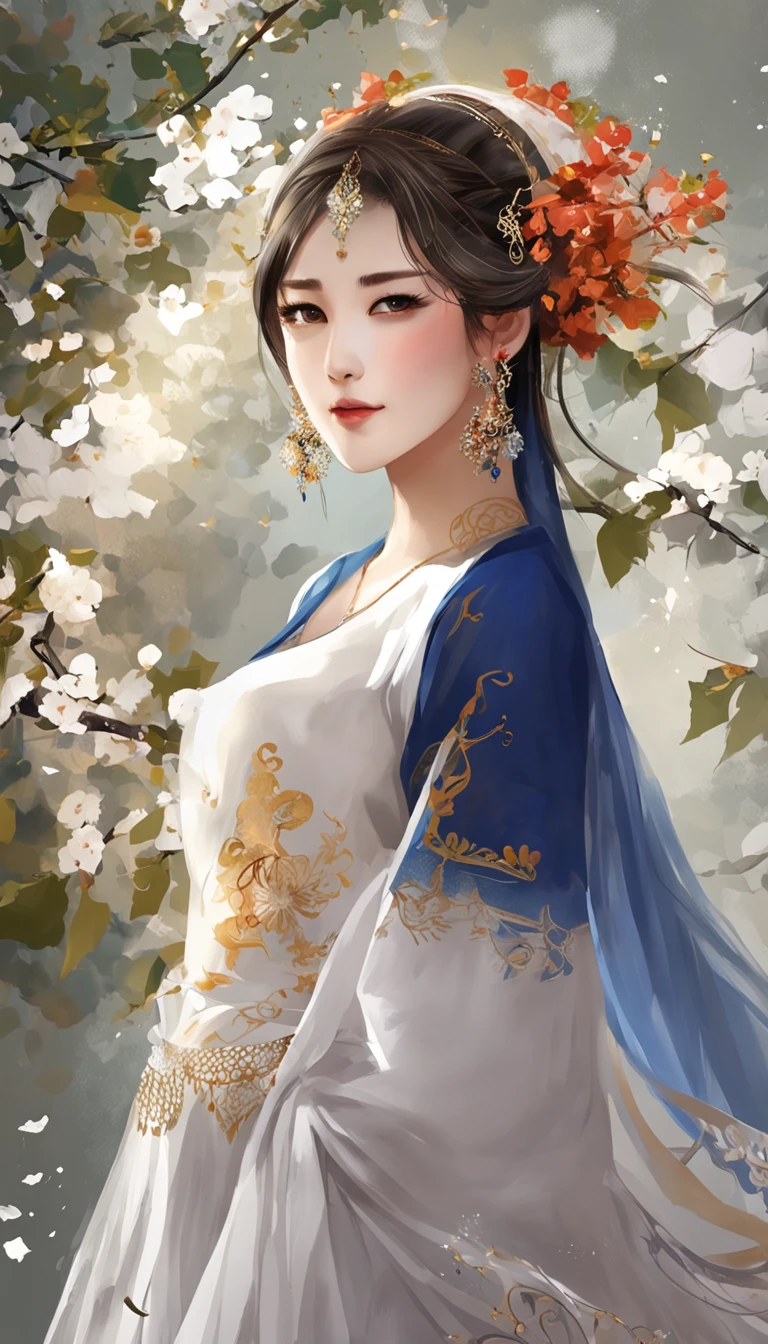 the night,dark blue sky,White floral dress,dignified,slim,stand posture,legs crossed, cabelos preto e longos, Long hair and waist, beautiful teenage girl, white headgear,Hairline,slanted bangs, shairband, hair adornments, forehead jewel, Jewel branch of Paulai, Crescent hair ornaments, fish hair ornament, glitters, cinmatic lighting, Lens glare, UHD, high detal, high qulity, A high resolution, best qualtiy, 8K, 16K, high detal, high qulity, super detailing, anatomy correct, tmasterpiece,((full body)), ((from below))