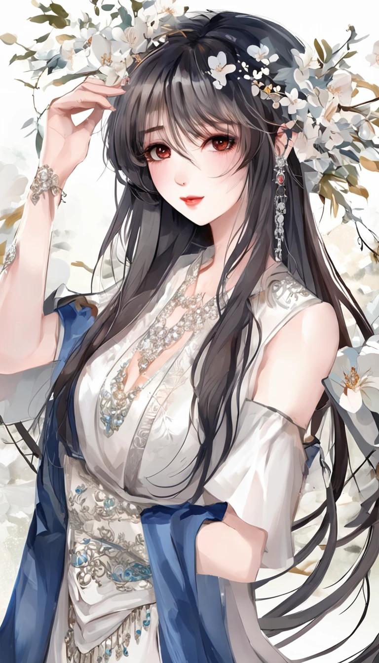 the night,dark blue sky,White floral dress,dignified,slim,stand posture,legs crossed, cabelos preto e longos, Long hair and waist, beautiful teenage girl, white headgear,Hairline,slanted bangs, shairband, hair adornments, forehead jewel, Jewel branch of Paulai, Crescent hair ornaments, fish hair ornament, glitters, cinmatic lighting, Lens glare, UHD, high detal, high qulity, A high resolution, best qualtiy, 8K, 16K, high detal, high qulity, super detailing, anatomy correct, tmasterpiece,((full body)), ((from below))