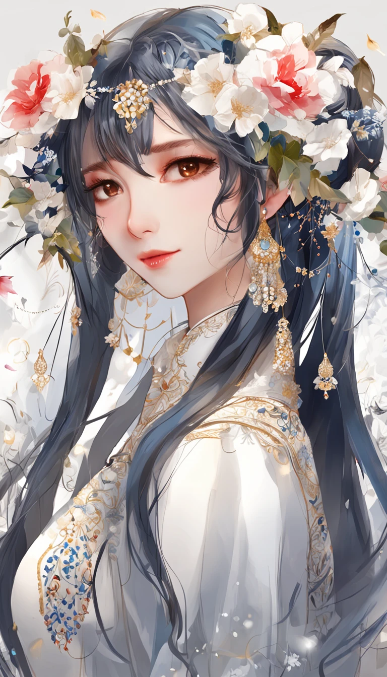 the night,dark blue sky,White floral dress,dignified,slim,stand posture,legs crossed, cabelos preto e longos, Long hair and waist, beautiful teenage girl, white headgear,Hairline,slanted bangs, shairband, hair adornments, forehead jewel, Jewel branch of Paulai, Crescent hair ornaments, fish hair ornament, glitters, cinmatic lighting, Lens glare, UHD, high detal, high qulity, A high resolution, best qualtiy, 8K, 16K, high detal, high qulity, super detailing, anatomy correct, tmasterpiece,((full body)), ((from below))