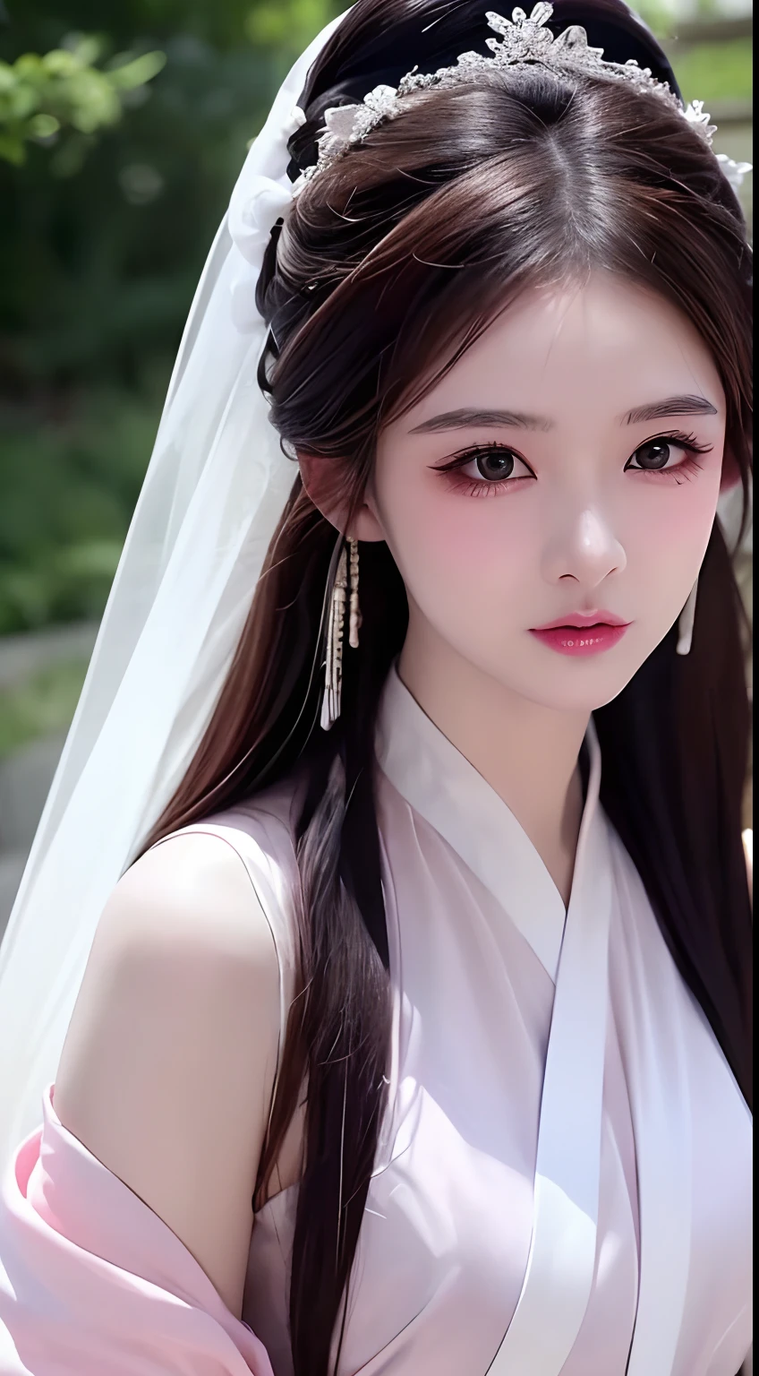 1 realistically beautiful girl, waist length hair, black eyes, ancient Ao Dai, style hanfu, wearing a thin silk shirt of ancient China, pink and smooth white skin, wearing a discreet ancient style ao dai, appears shoulders and head in the photo, Very cute little face, eye bags under wet and detailed makeup, plump red lips, charming small and curved lips, ((closed mouth:1.0)), balanced incisors, embarrassed, small face makeup detailed and very beautifull, The breasts are super round and tight, breast augmentation, blum boobs, Cover the girl's chest with a camisole inside, blush, from front, wear earrings, necklaces, from above, looking at viewer, upturned eyes, full body, masterpiece, top quality, best quality, official art, unity 8k wallpaper, highres, ultra high res, ultra detailed, (photorealistic:1.2), alone, solo, only 1 girl, style hanfu Dunhuang, 10x pixels, super realistic, ultra high quality, portrait body view of the girl, upper body,