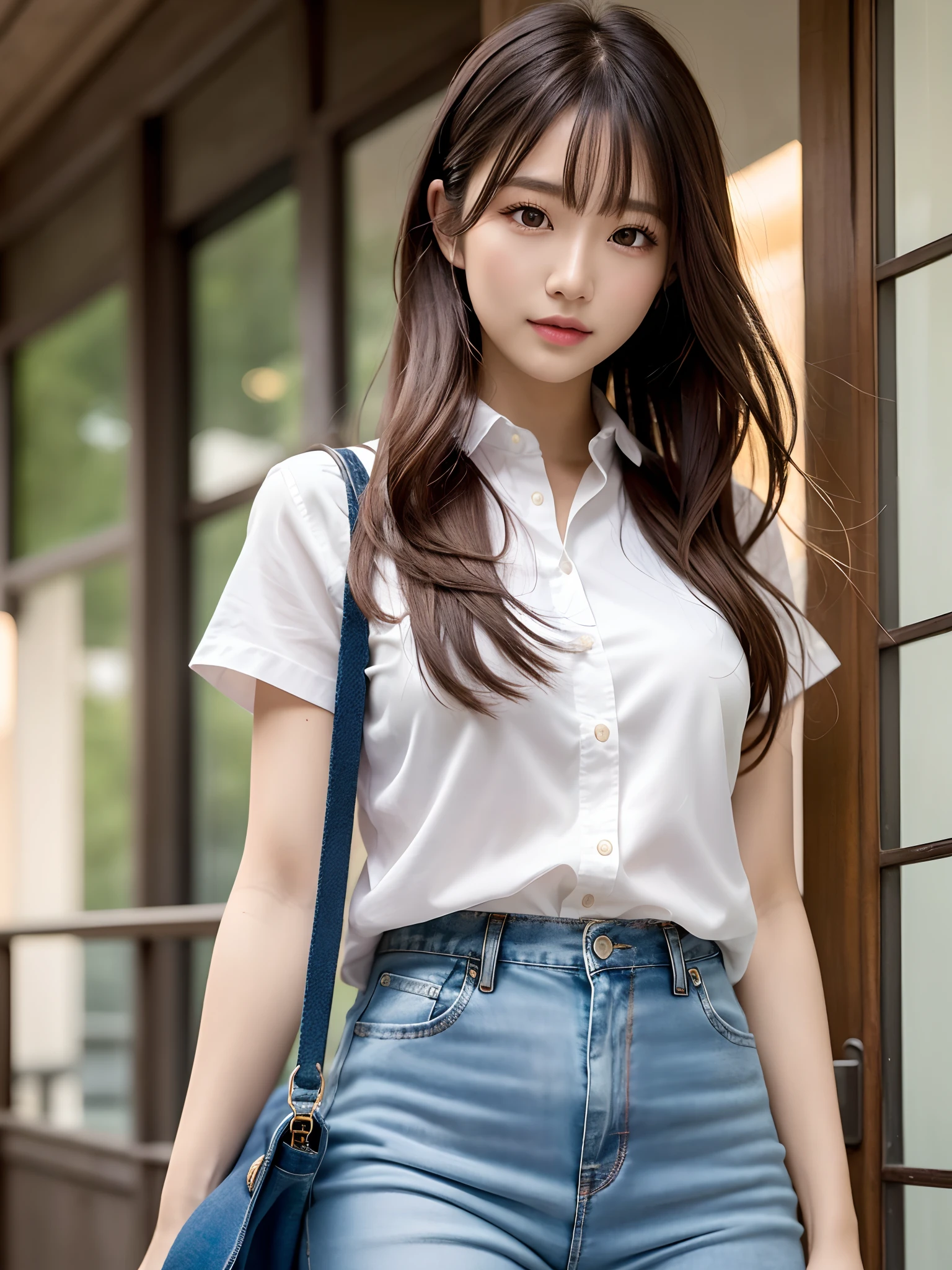 女優、de pele branca、Nogizaka46、Golden Ratio Face、hightquality、Cute、realisitic、Transparency、8K、Colossal tits、Lustrous hair、Fine details、real looking skin、Sheer sunlight、shinny hair、Face like an idol、a junior high school student、Japan school uniform、A smile、a beauty girl、Blowing in the wind、Sit up、Thighs are visible