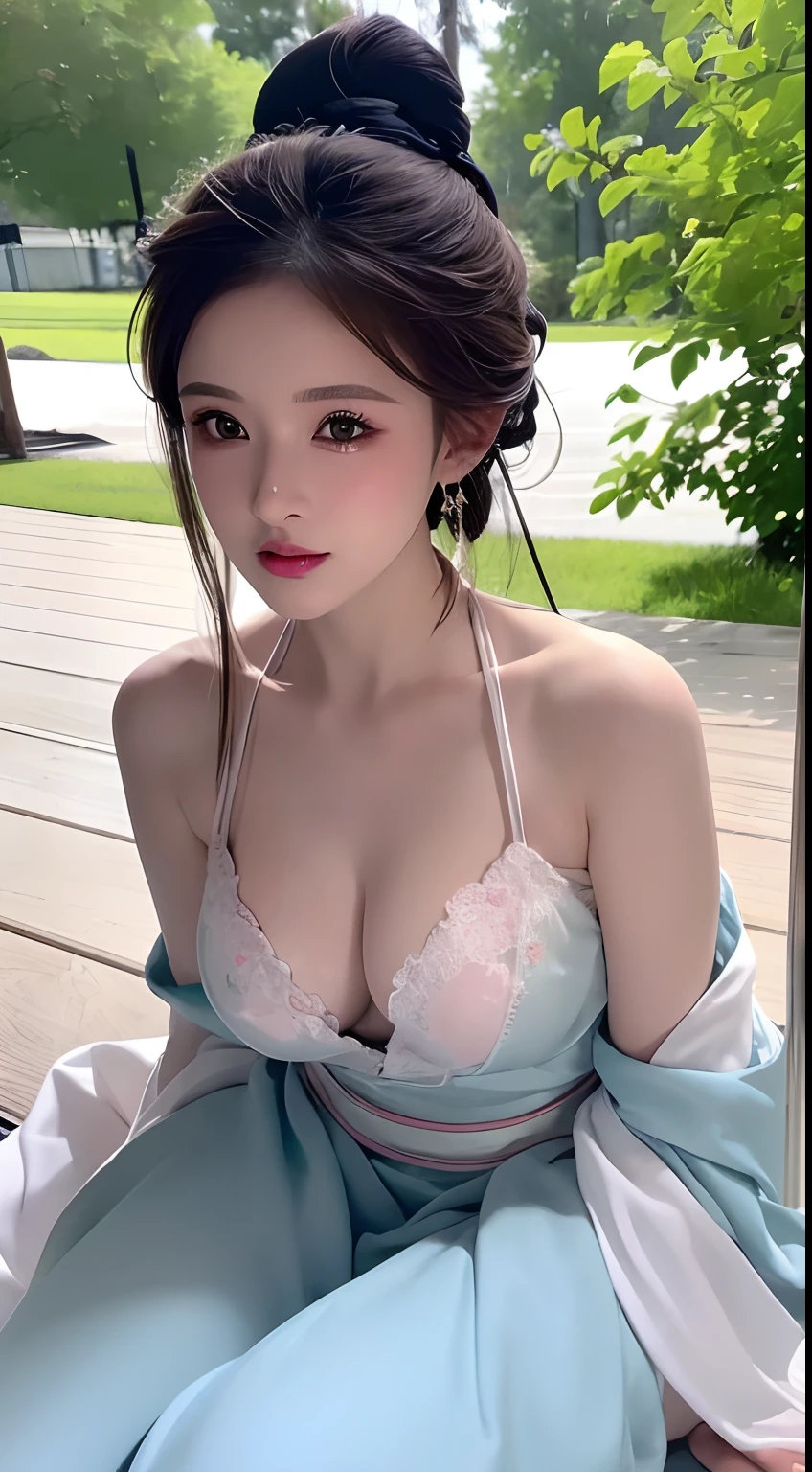 1 realistically beautiful girl, waist length hair, black eyes, ancient Ao Dai, style hanfu, wearing a thin silk shirt of ancient China, pink and smooth white skin, wearing a discreet ancient style ao dai, appears shoulders and head in the photo, Very cute little face, eye bags under wet and detailed makeup, plump red lips, charming small and curved lips, ((closed mouth:1.0)), balanced incisors, embarrassed, small face makeup detailed and very beautifull, The breasts are super round and tight, breast augmentation, blum boobs, Cover the girl's chest with a camisole inside, blush, from front, wear earrings, necklaces, from above, looking at viewer, upturned eyes, full body, masterpiece, top quality, best quality, official art, unity 8k wallpaper, highres, ultra high res, ultra detailed, (photorealistic:1.2), alone, solo, only 1 girl, style hanfu Dunhuang, 10x pixels, super realistic, ultra high quality, portrait body view of the girl, upper body,
