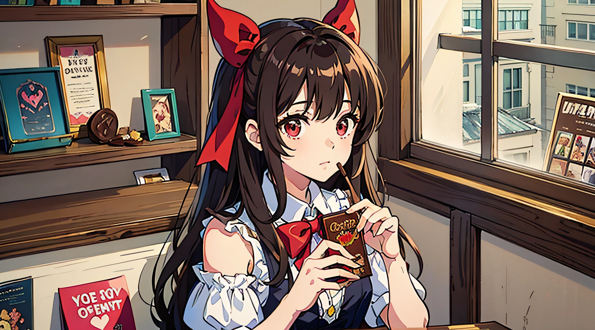 hoang lap、ultra - detailed、best qualtiy、offcial art、Break、chocolate、Beautiful highschool girl、Break、brown、Slightly colored hair、Red eyes、Long dress、Valentine's Day、Break、Country of sweets、Lots of colorful sweets、Gumi Break、shortsleeves、a skirt、Shoulders bare、Break、Chocolate Book、Break、White ribbon、Break、
