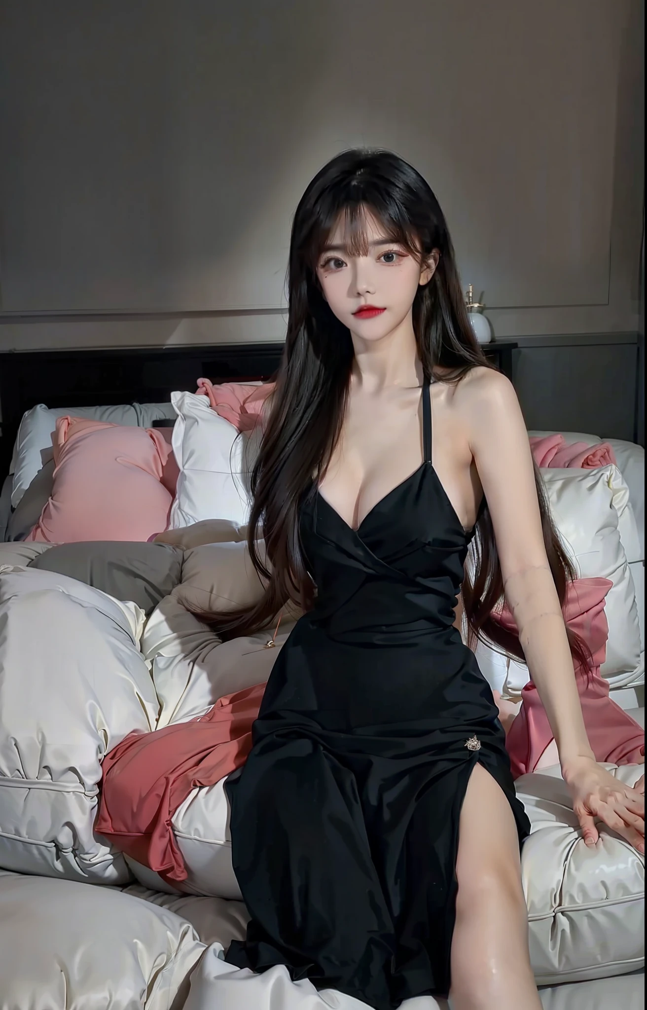 A beautiful woman in a black dress,the breasts are large,Liuhai hairstyle,sit on a bed,the sunset,High image quality