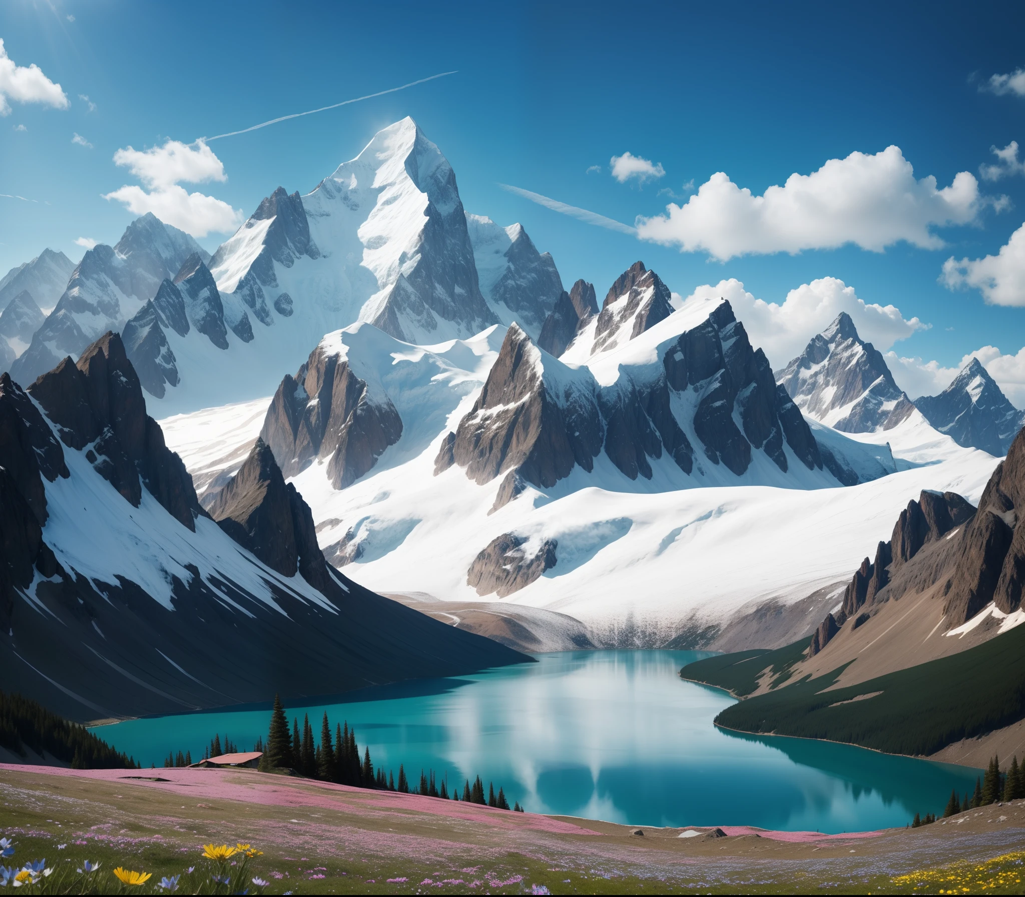 scenery, Mountain azure lake, Incredible clouds, rays of sunshine, Mountain flowers, Snow-capped mountain peaks, You can see the infinite distance