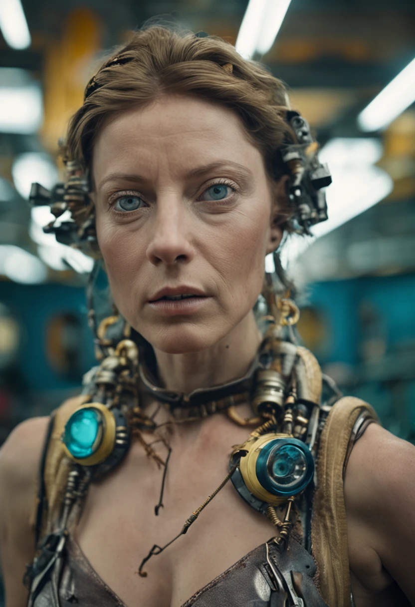 Avant-Garde Photography: Female, radiant skin, steampunk, piercingly clear eyes, as a simplistic android, dystopian future, fantastical, high-def, deeply detailed, medium shot, low angle, 8k Cindy Sherman inspired