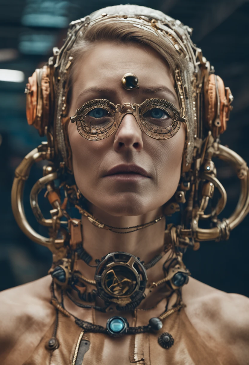 Avant-Garde Photography: Female, radiant skin, steampunk, piercingly clear eyes, as a simplistic android, dystopian future, fantastical, high-def, deeply detailed, medium shot, low angle, 8k Cindy Sherman inspired