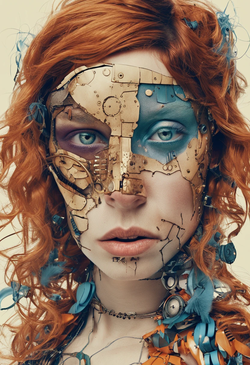 Avant-Garde Photography: Female, radiant skin, steampunk, piercingly clear eyes, as a simplistic android, dystopian future, fantastical, high-def, deeply detailed, medium shot, low angle, 8k Cindy Sherman inspired