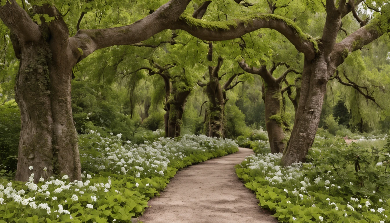 RAW photo, best, masterpiece, best quality, high quality, extremely detailed, there is a picture of a path through a flowering forest, a blooming path to the sky, a photograph of an enchanted garden, a blurry dreamy exterior , a beautiful path in a forest, leafy trees and flowers, secret garden, depth of field background, floral environment, garden background, simple path romantic path, arches made of lush greenery, path into a lush forest, forest background fancy,