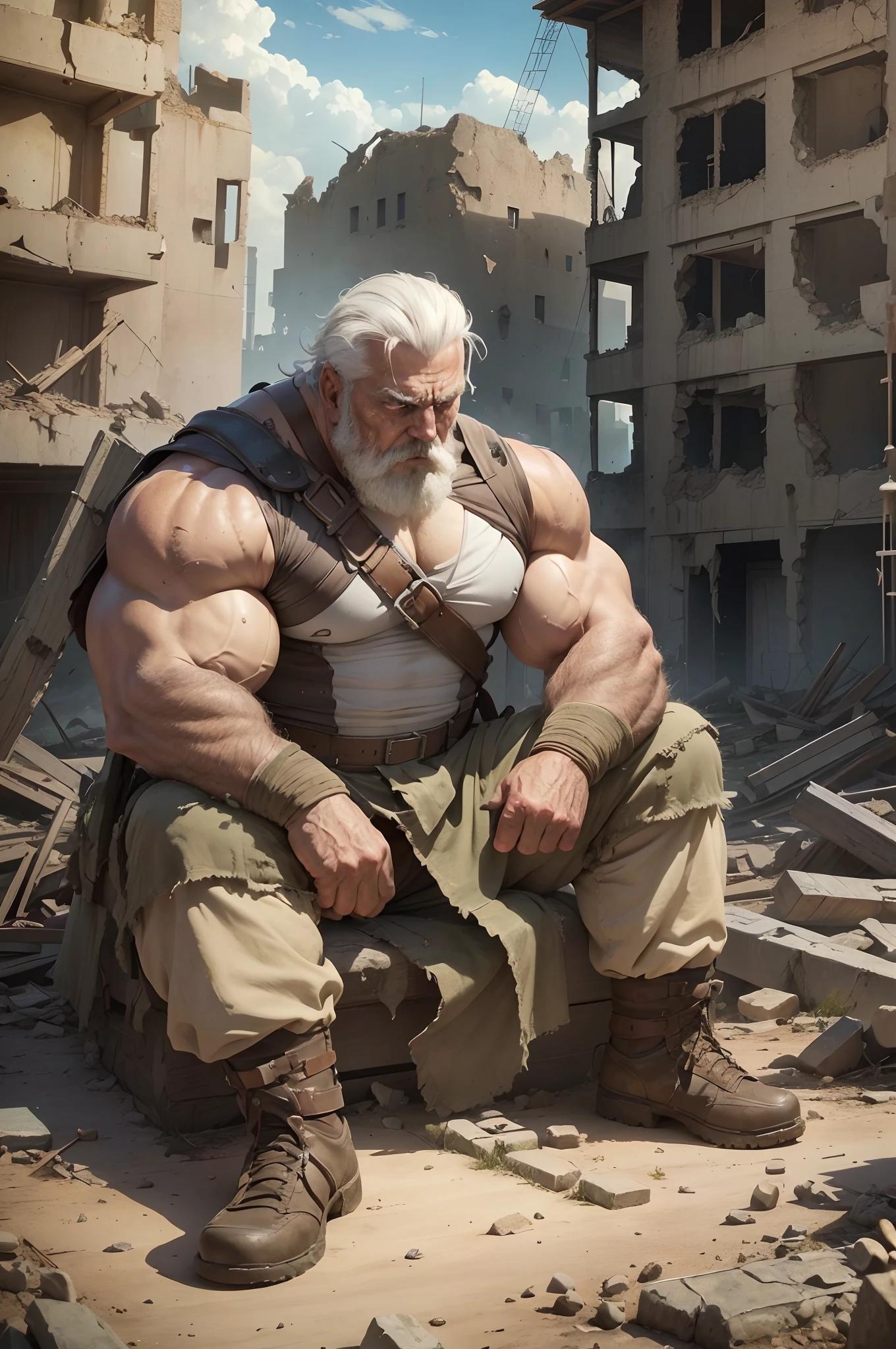 Enorme pec, Muscle pec, huge pec muscle, Gigachade Muscular, musculoso!!, personagens musculosos, musculoso e descolante, Gigante e gordo, as a titan , moreno (ver corpo inteiro), ((1 homem)), (objeto (Great muscular old soldier sitting resting in the ruins of the building)), The old man is a soldier and wears a soldier's uniform, old man (facial hair, frisado, barba branca, olhos detalhados, Battel Scar Face, short hair, cabelos brancos, Strong character, strong muscle), (Background Story ((Terra do Waster, post-apocalypse, cidade arruinada))), its reflection on the power of water in the soil (fotografia (O 50mm, cinemactic, cinematic color))