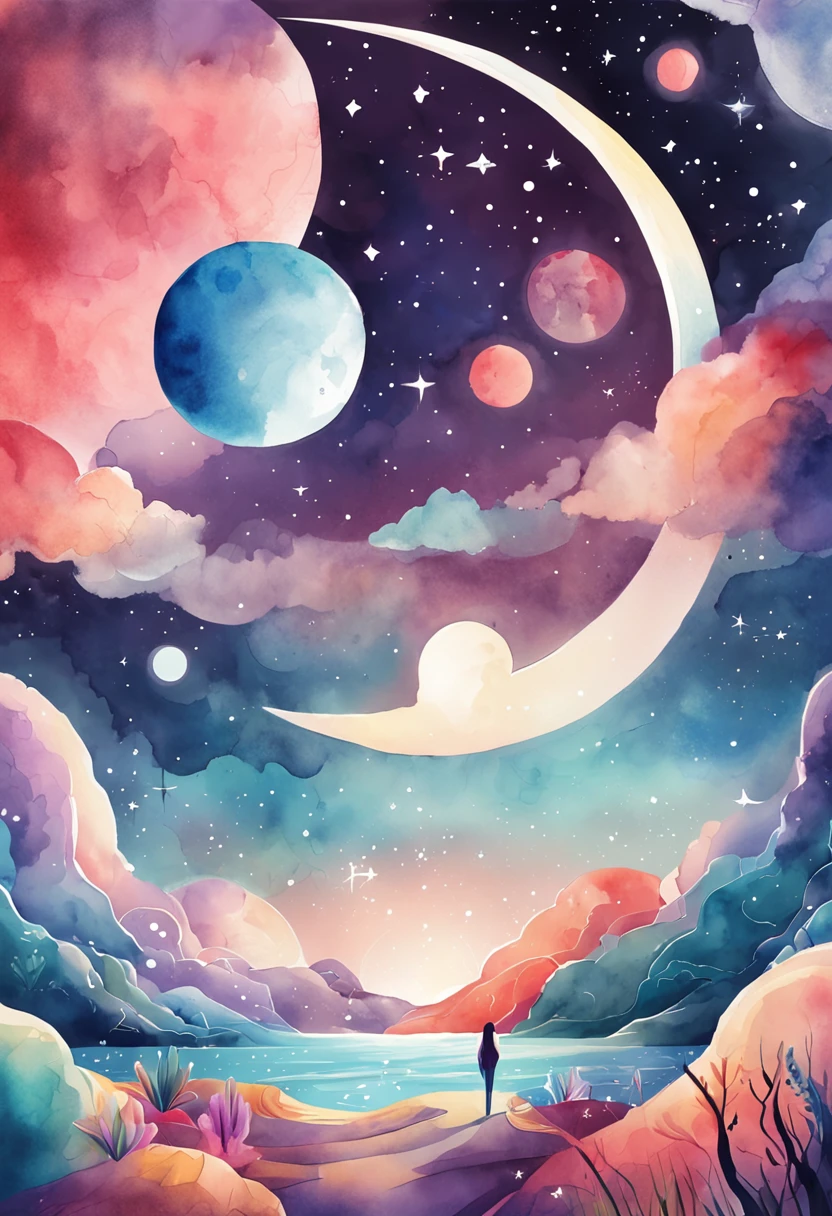 Colorful futuristic space illustration,The background is the moon, beautiful artwork illustration,Five cute bunnies